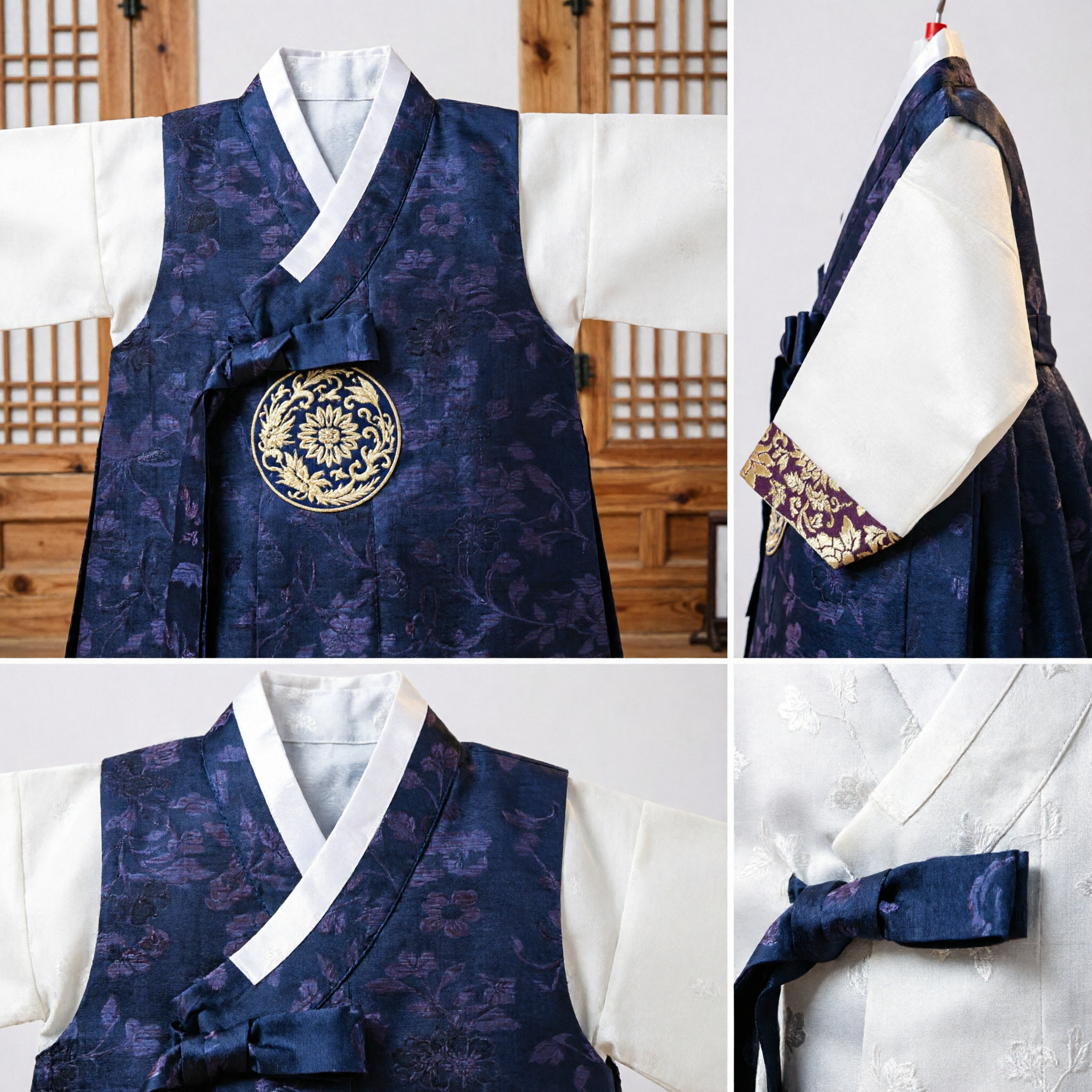 Traditional Korean Hanbok Men's Set Dark Purple Floral Vest Over White Jeogori for Weddings and Festivals - Asian Costume