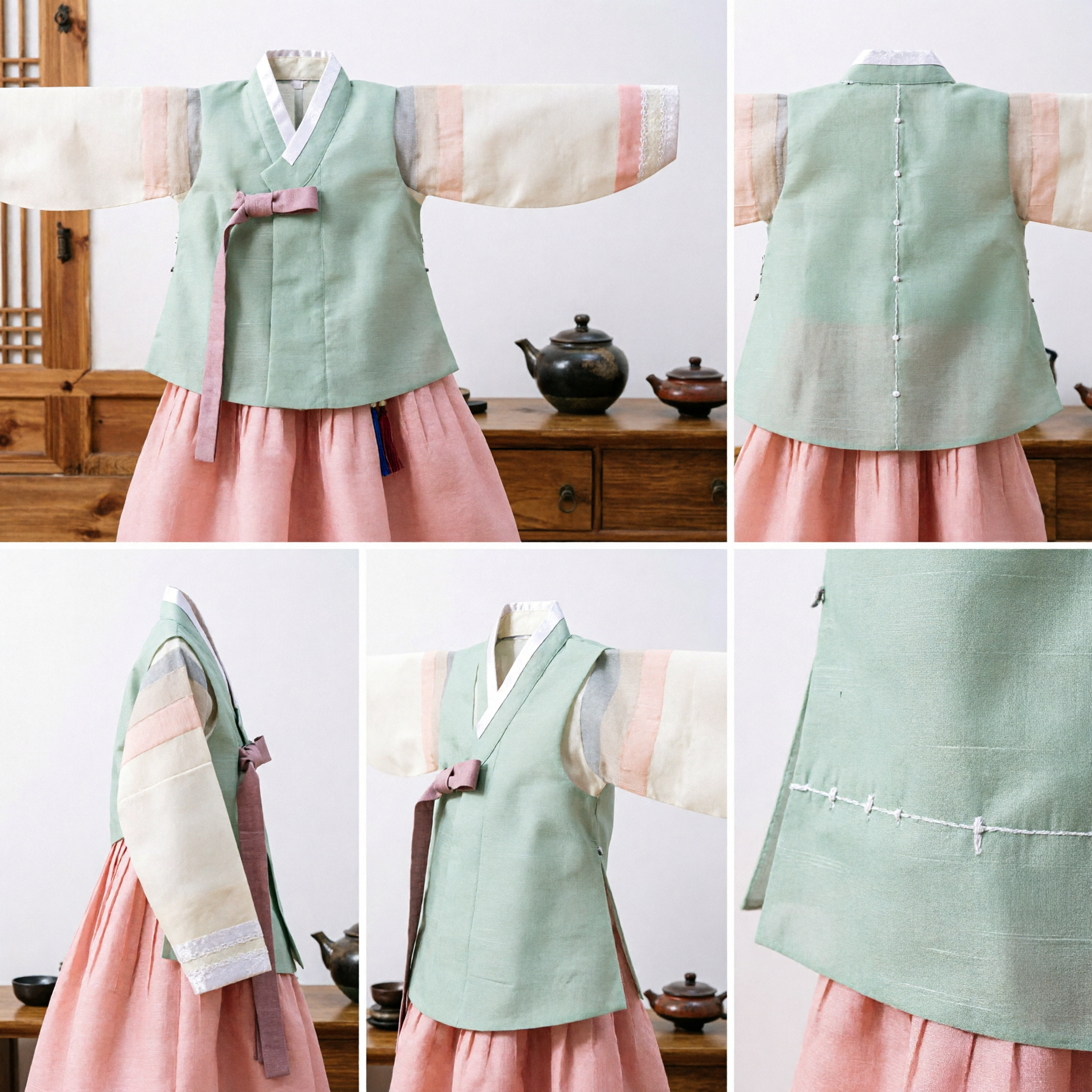 Traditional Korean Hanbok for Kids Green Jeogori Top with Saekdong Sleeves for First Birthday Party - Asian Costume