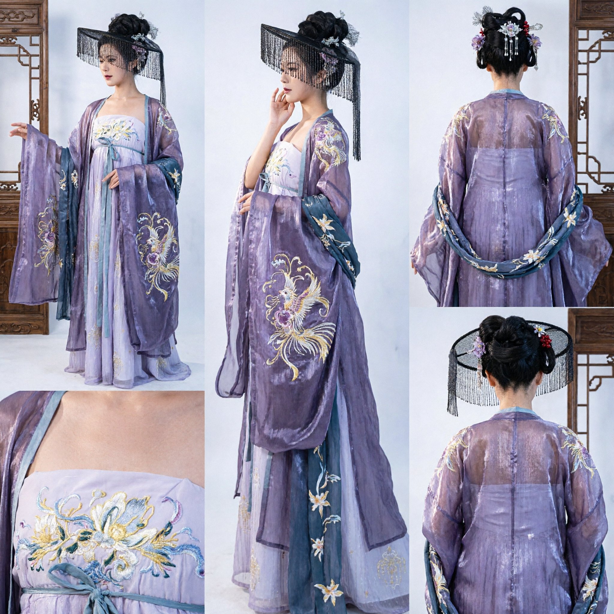 Ancient Chinese Purple Hanfu Fairy Costume with Wide Brim Veil Hat for Women Cosplay Performance - Asian Costume