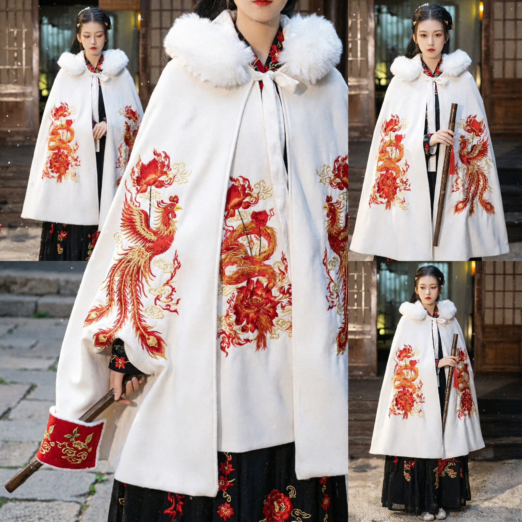 Traditional Chinese Hanfu Winter Cloak White Fur Collar Dragon Embroidery Cape Ancient Costume for Women - Asian Costume