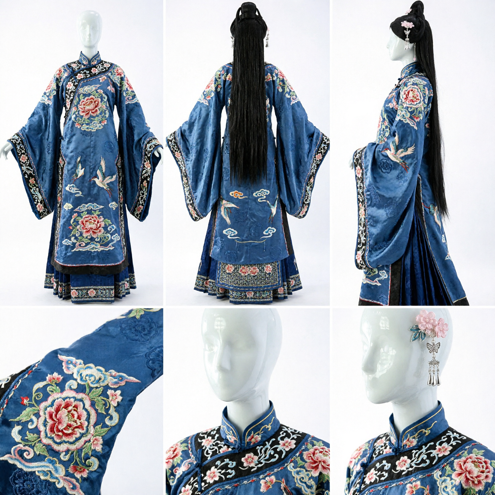 Traditional Chinese Ancient Princess Wig with Pink Flower Hairpins and Silver Tassels for Hanfu Cosplay - Asian Costume