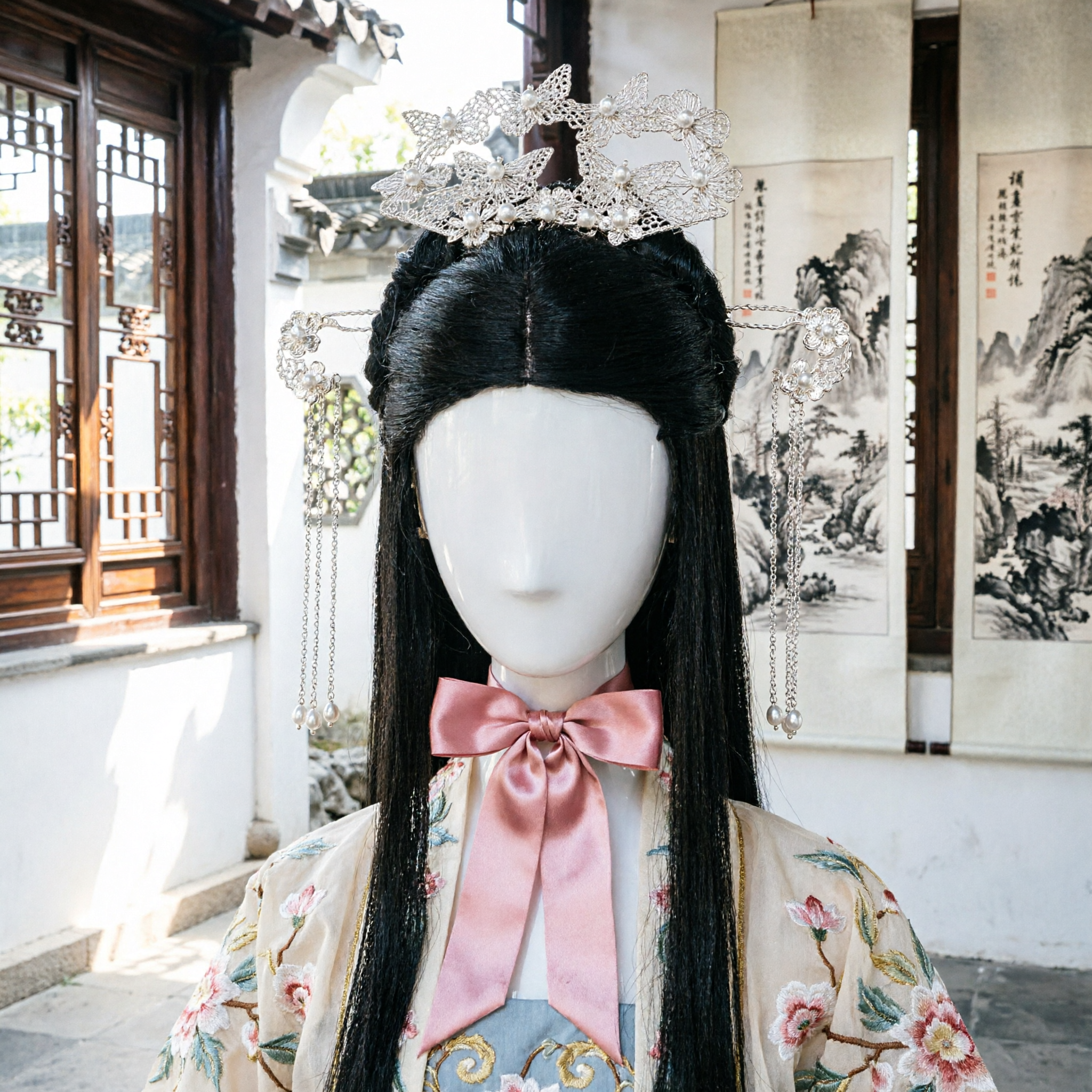 Ancient Chinese Palace Lady Wig Set with Silver Pearl Crown for Hanfu Costume Cosplay - Asian Costume