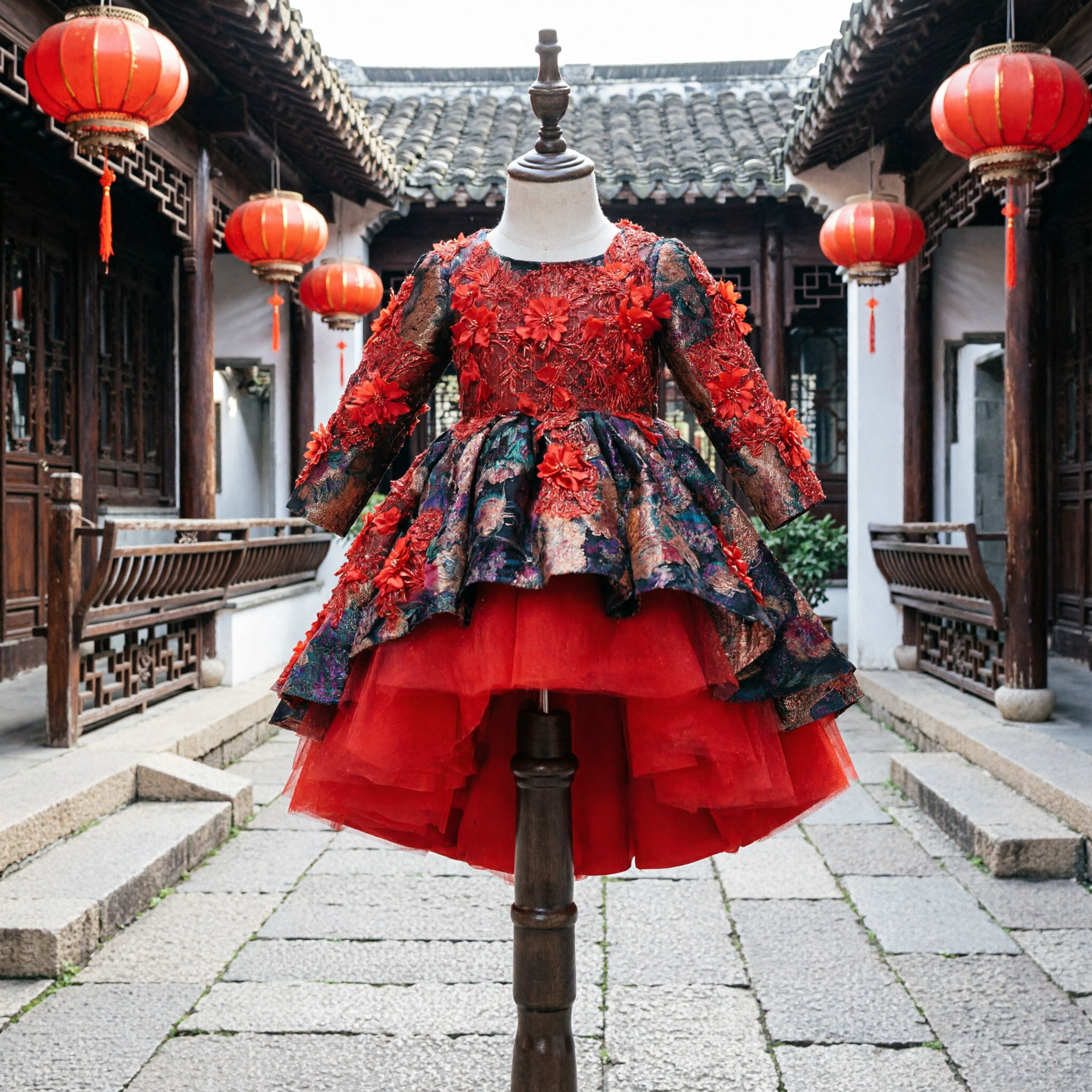 Kids Red 3D Floral Applique Dress Traditional Chinese Brocade High-Low Skirt Wedding Flower Girl Formal Gown - Asian Costume
