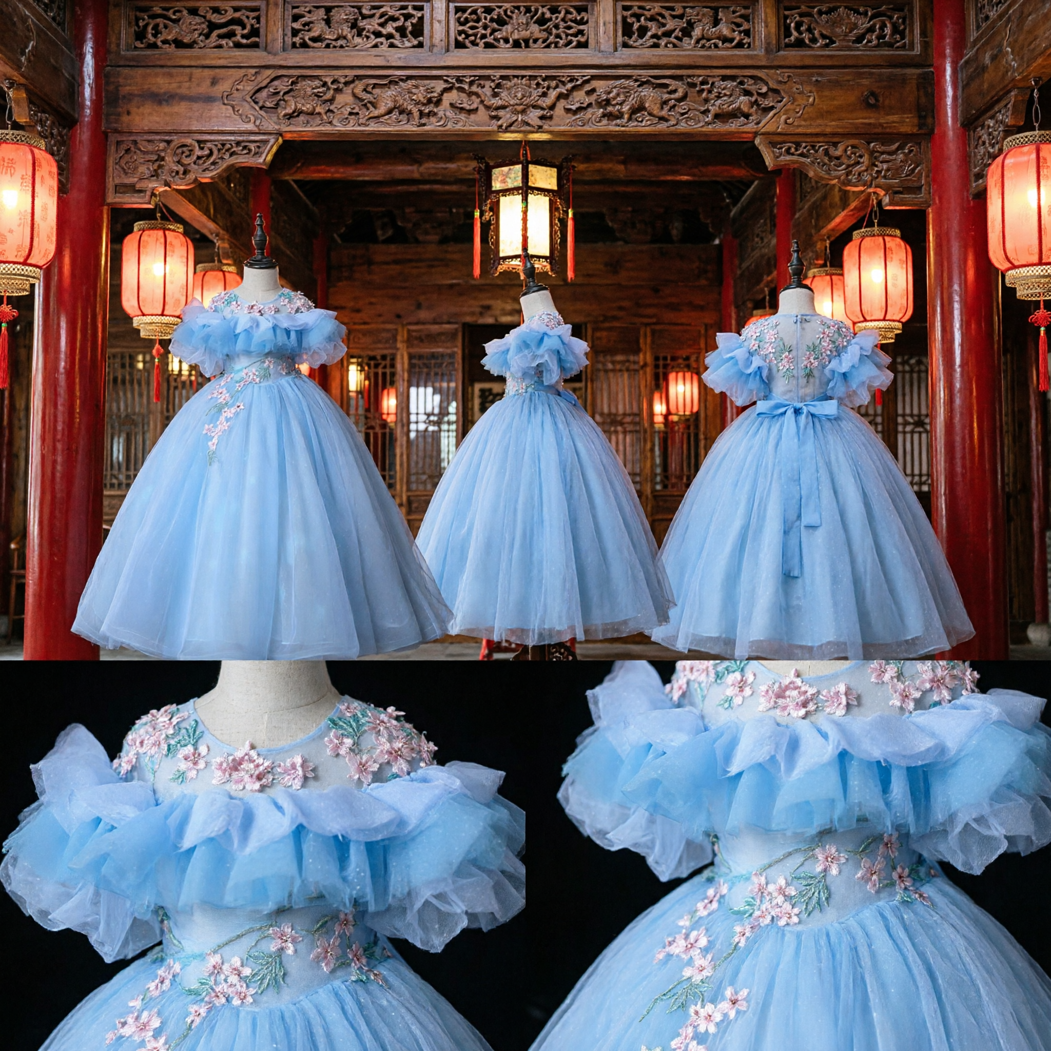 Light Blue Cinderella Style Princess Ballgown Dress with Floral Embroidery for Girls Wedding Party Performance Costume - Asian Costume
