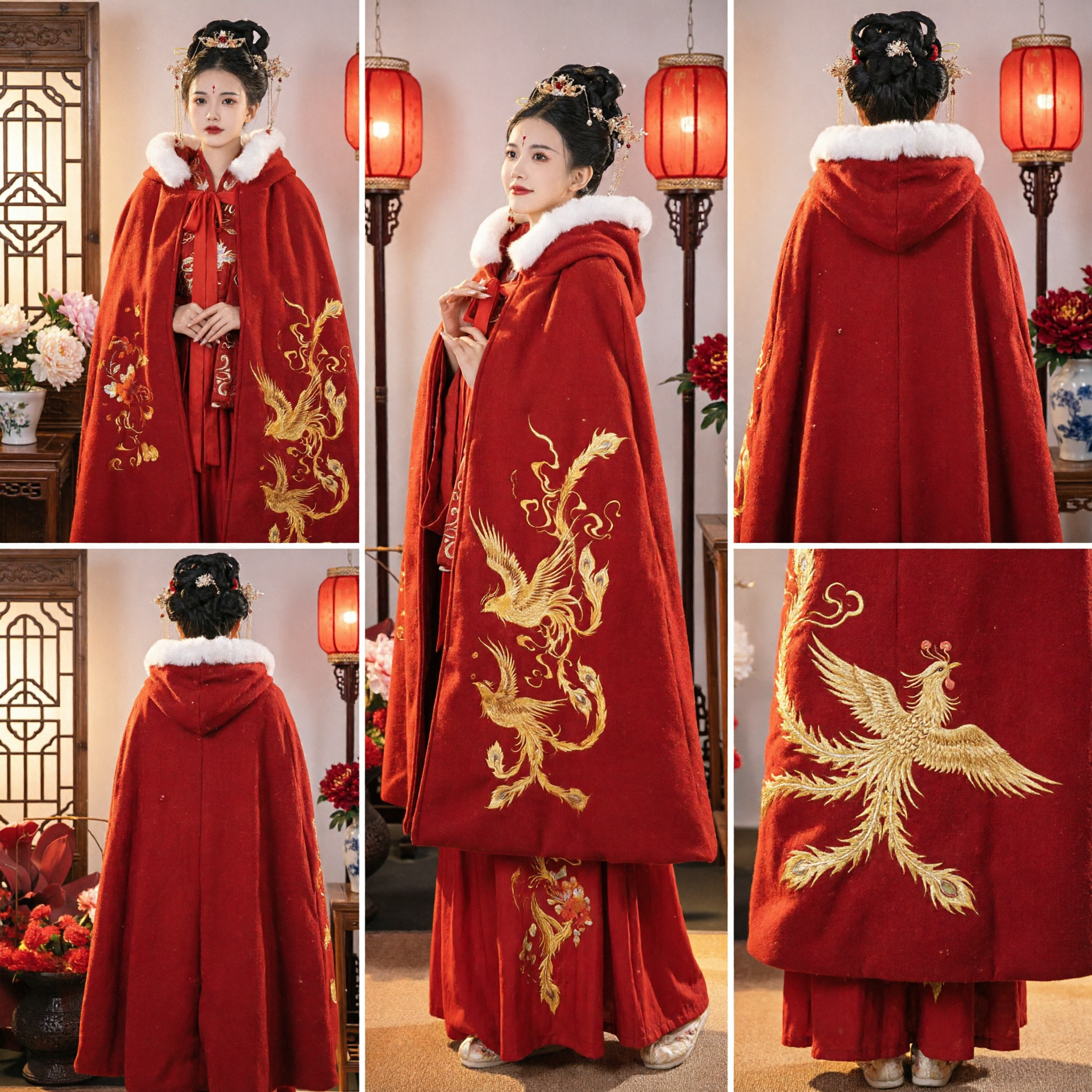 Traditional Chinese Red Hanfu Cape with Gold Phoenix Embroidery and Fur Collar Winter Wedding Cloak for Women - Asian Costume