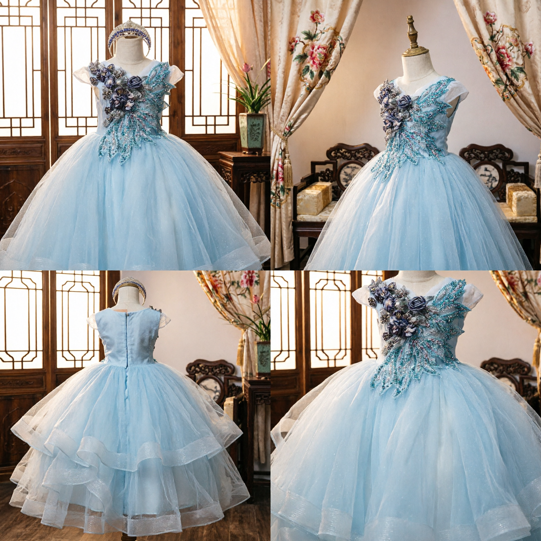 Elegant Light Blue Kids Princess Ball Gown Beaded Floral Bodice Tulle Skirt Wedding Flower Girl Dress - Asian Costume