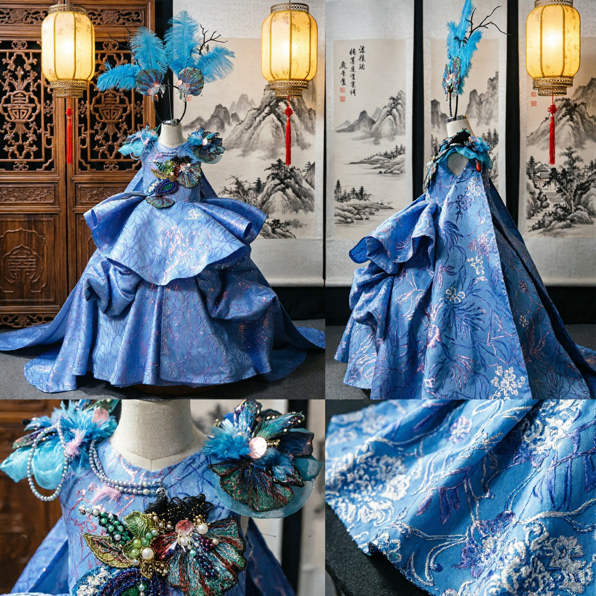 Girls Blue Peacock Princess Ball Gown with Feather Headpiece for Stage Performance and Carnival - Asian Costume