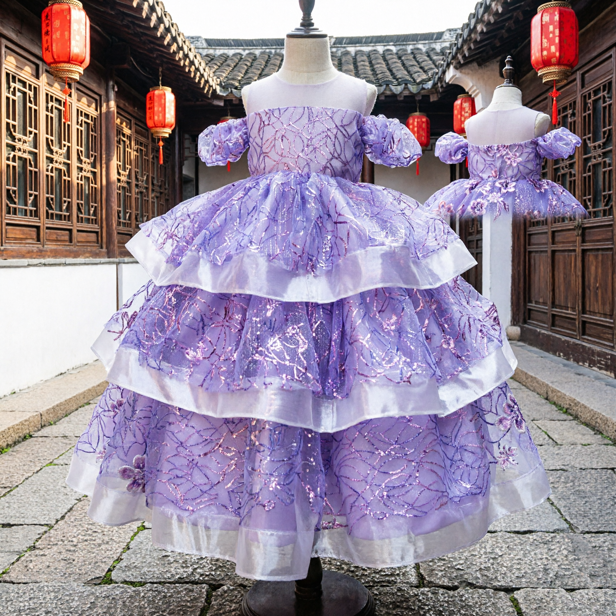 Kids Girls Purple Princess Ball Gown Tiered Organza Dress for Wedding Flower Girl Birthday Party Costume - Asian Costume