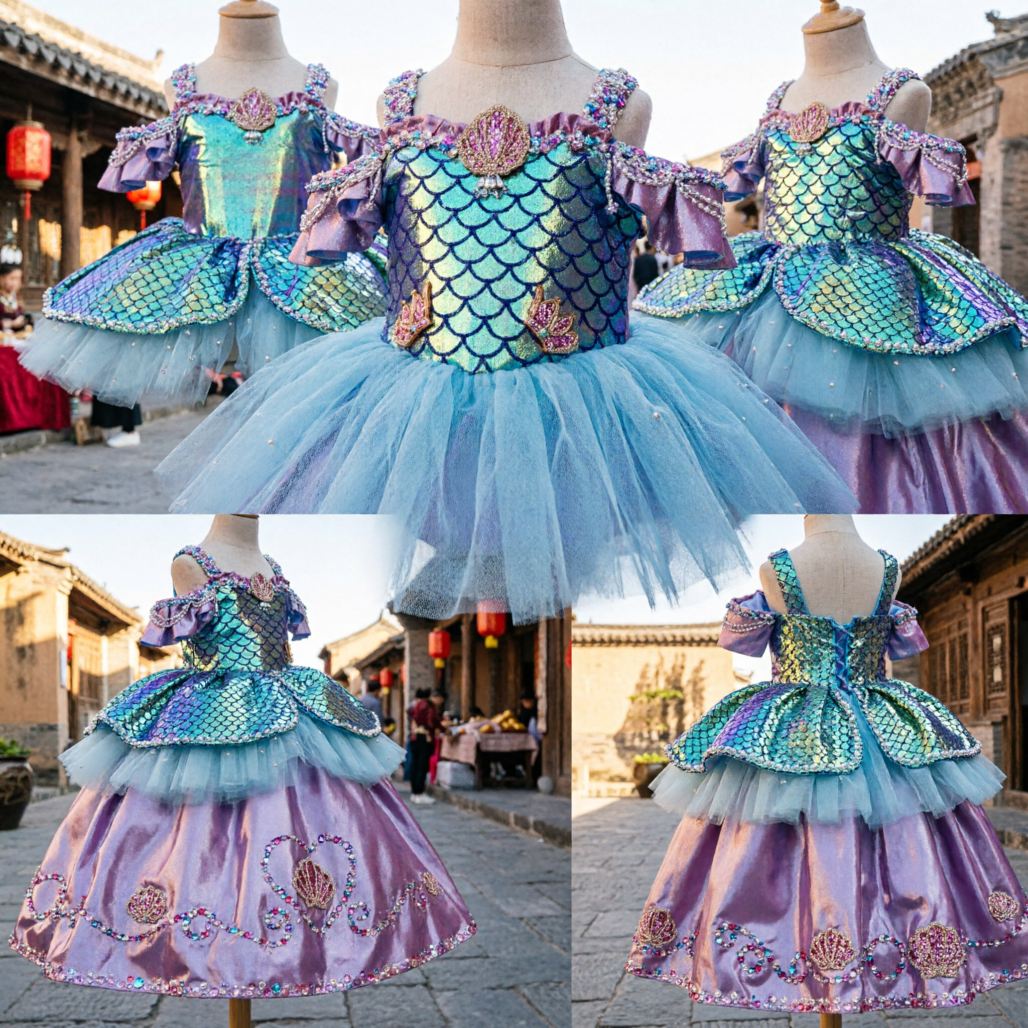 Kids Girls Iridescent Mermaid Princess Costume Dress with Sequin Scales for Stage Performance and Halloween Party - Asian Costume