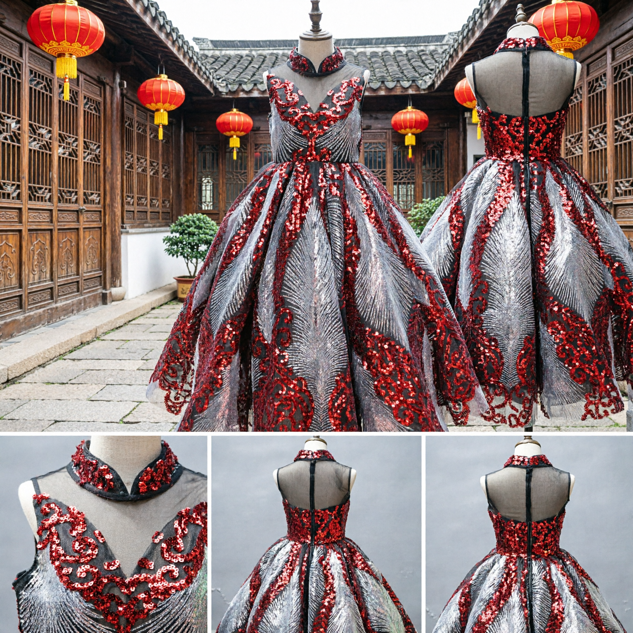 Elegant Kids Girls Red Sequin Floral Ball Gown Formal Dress Chinese Style Wedding Party Performance Costume - Asian Costume