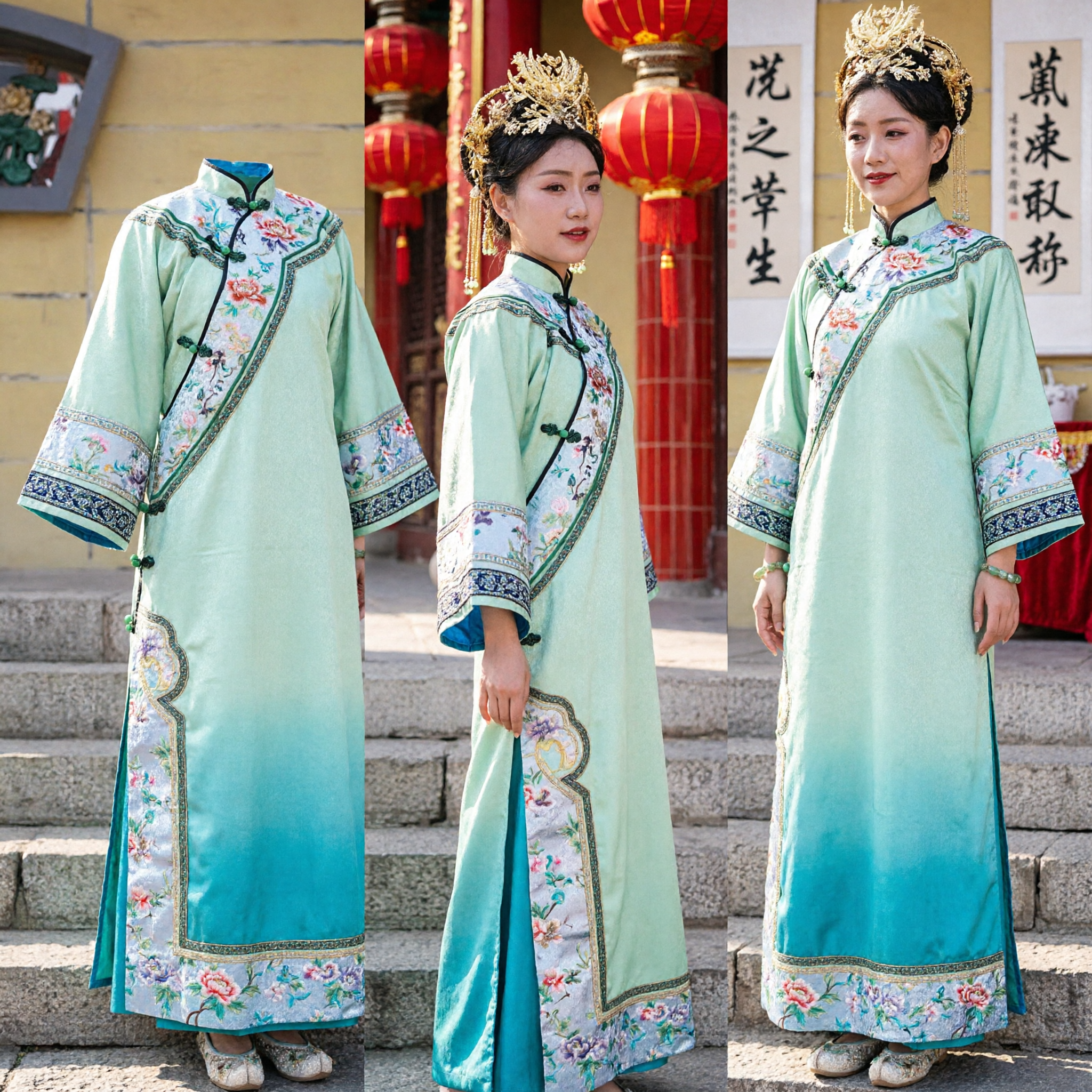 Traditional Chinese Qing Dynasty Manchu Princess Costume Green Embroidered Ancient Palace Lady Dress for Women - Asian Costume
