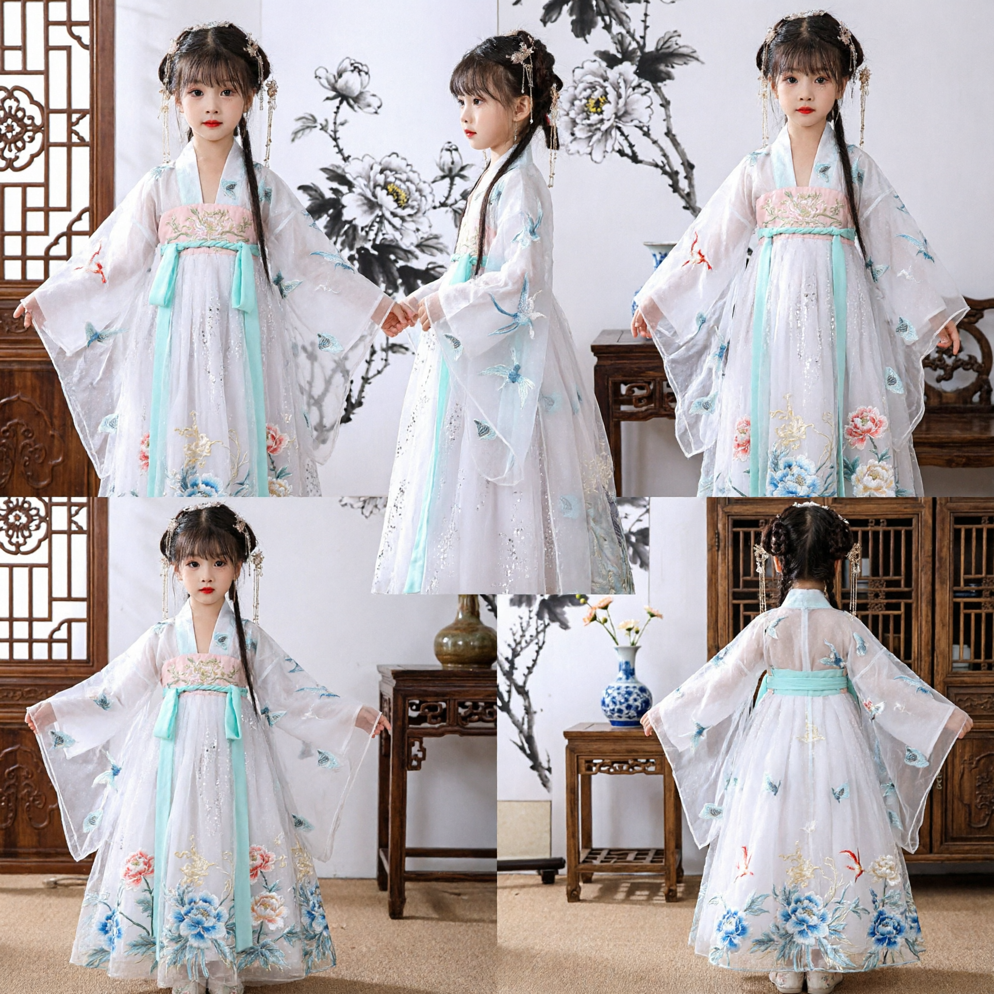 Traditional Chinese Hanfu Dress for Girls Kids Ancient Fairy Costume White Blue Princess Performance Clothing - Asian Costume