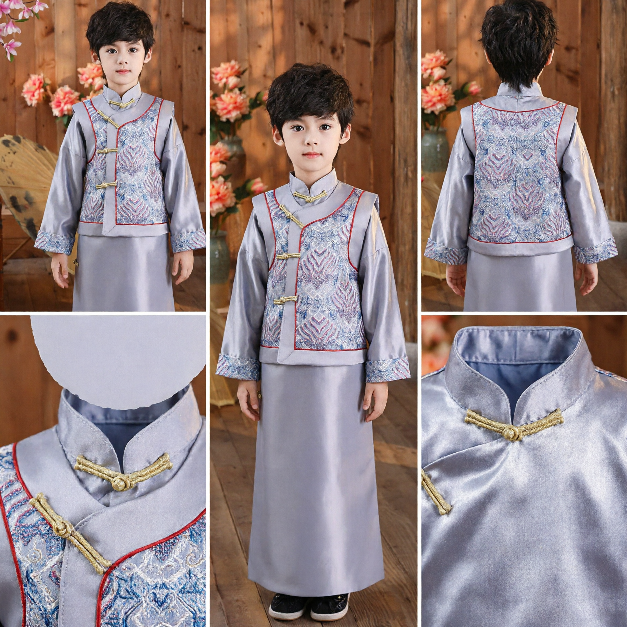 Boys Traditional Chinese Tang Suit Hanfu Costume Silver Grey Vest and Robe Set for Wedding Performance - Asian Costume