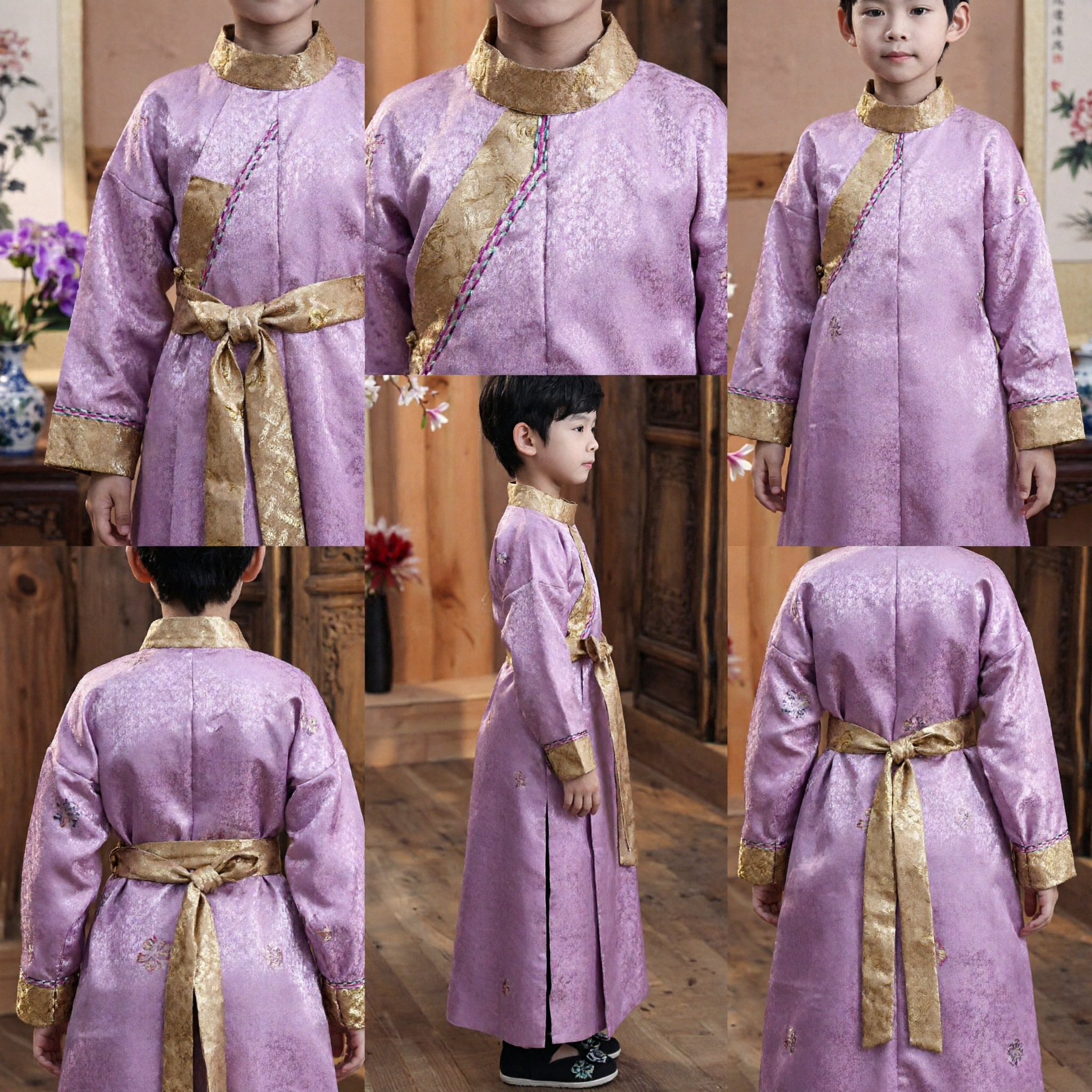 Boys Traditional Chinese Hanfu Costume Ancient Ming Dynasty Purple Round Collar Robe with Gold Sash - Asian Costume