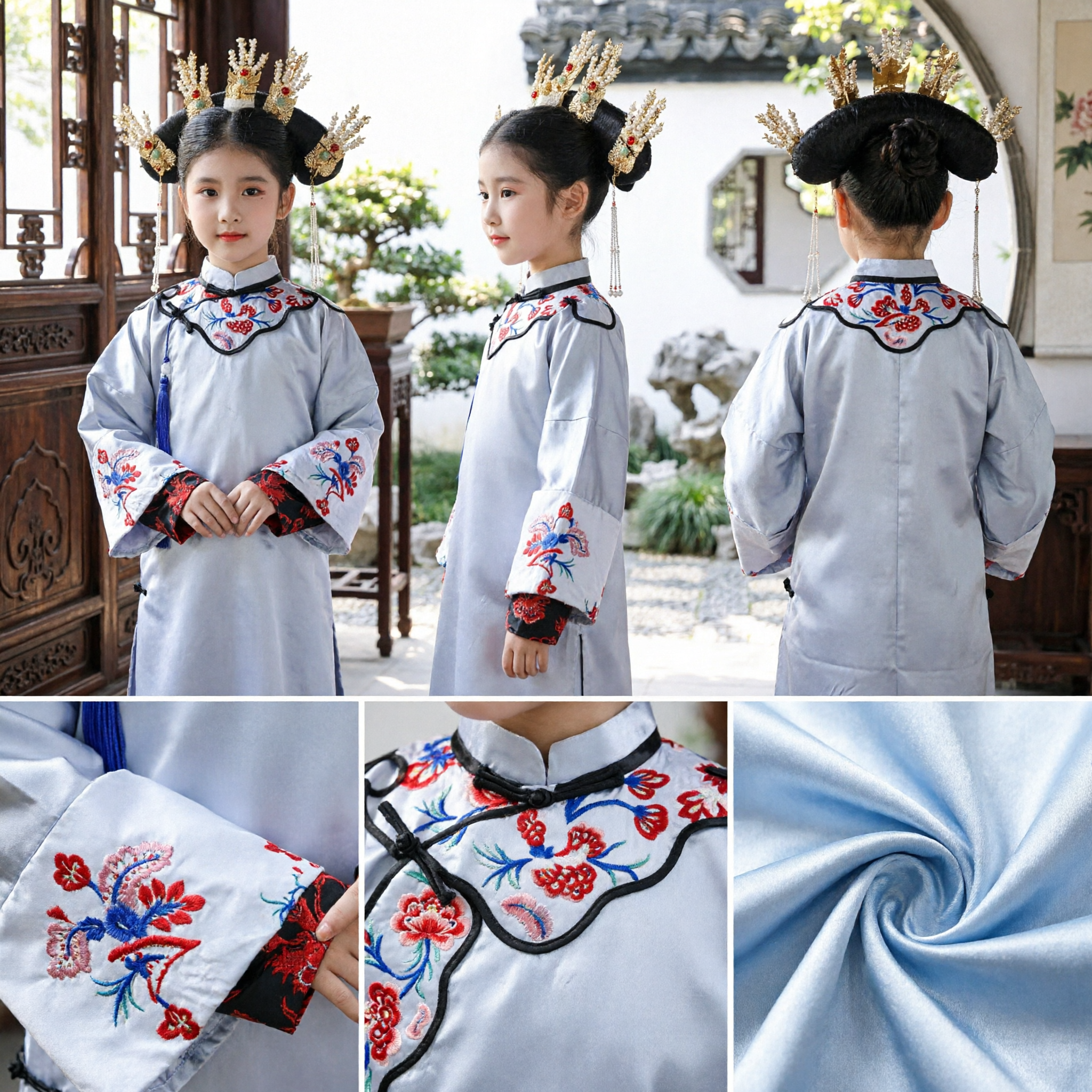 Traditional Chinese Qing Dynasty Manchu Princess Costume for Girls Kids Embroidered Hanfu Dress with Headdress - Asian Costume