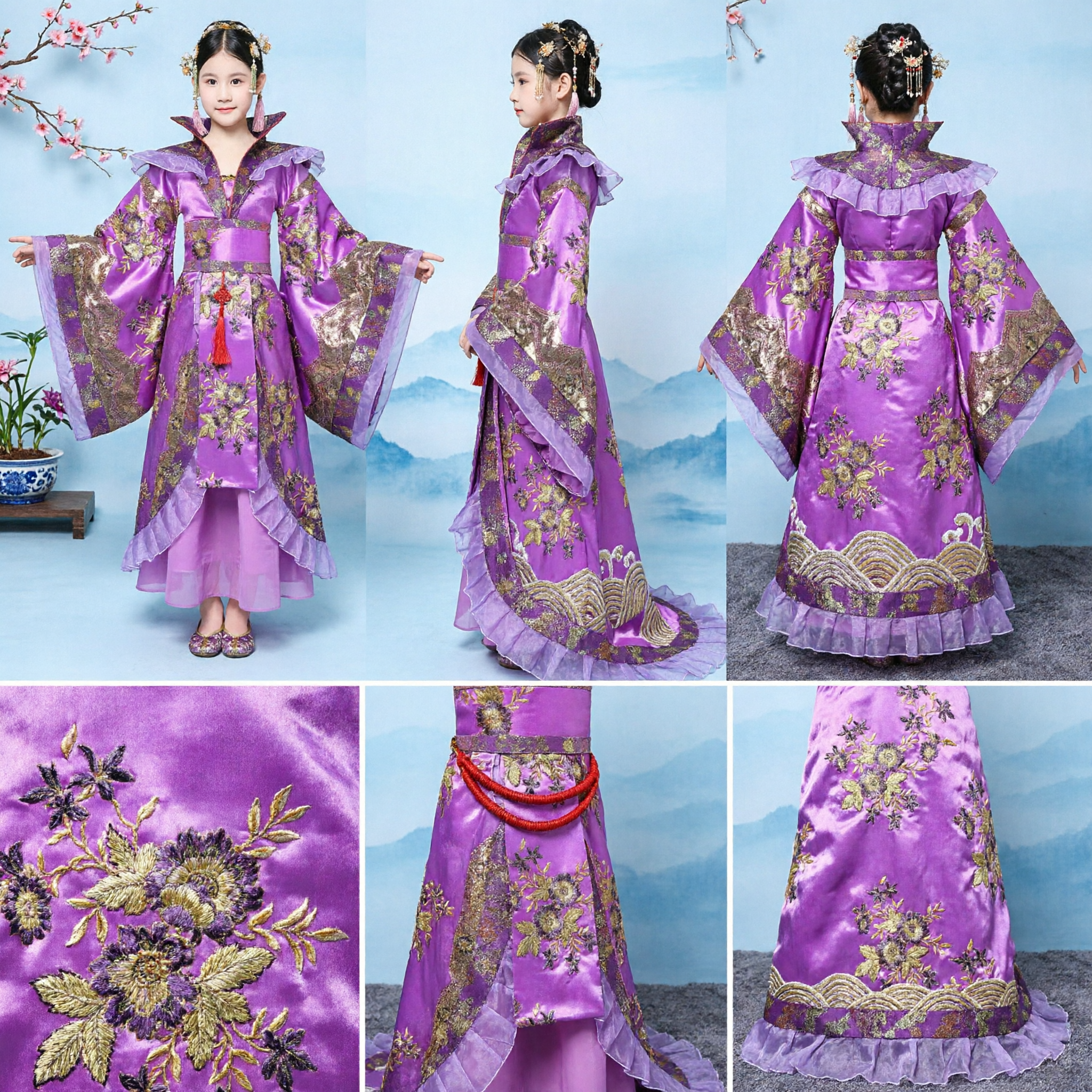 Girls Purple Chinese Traditional Hanfu Tang Dynasty Princess Costume Kids Ancient Embroidery Performance Dress - Asian Costume