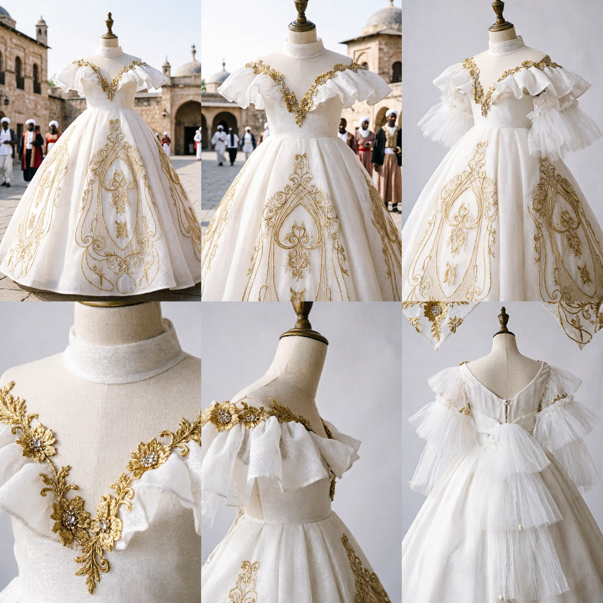 Luxurious White Flower Girl Ballgown with Gold Embroidery for Weddings First Communion and Pageants - Asian Costume