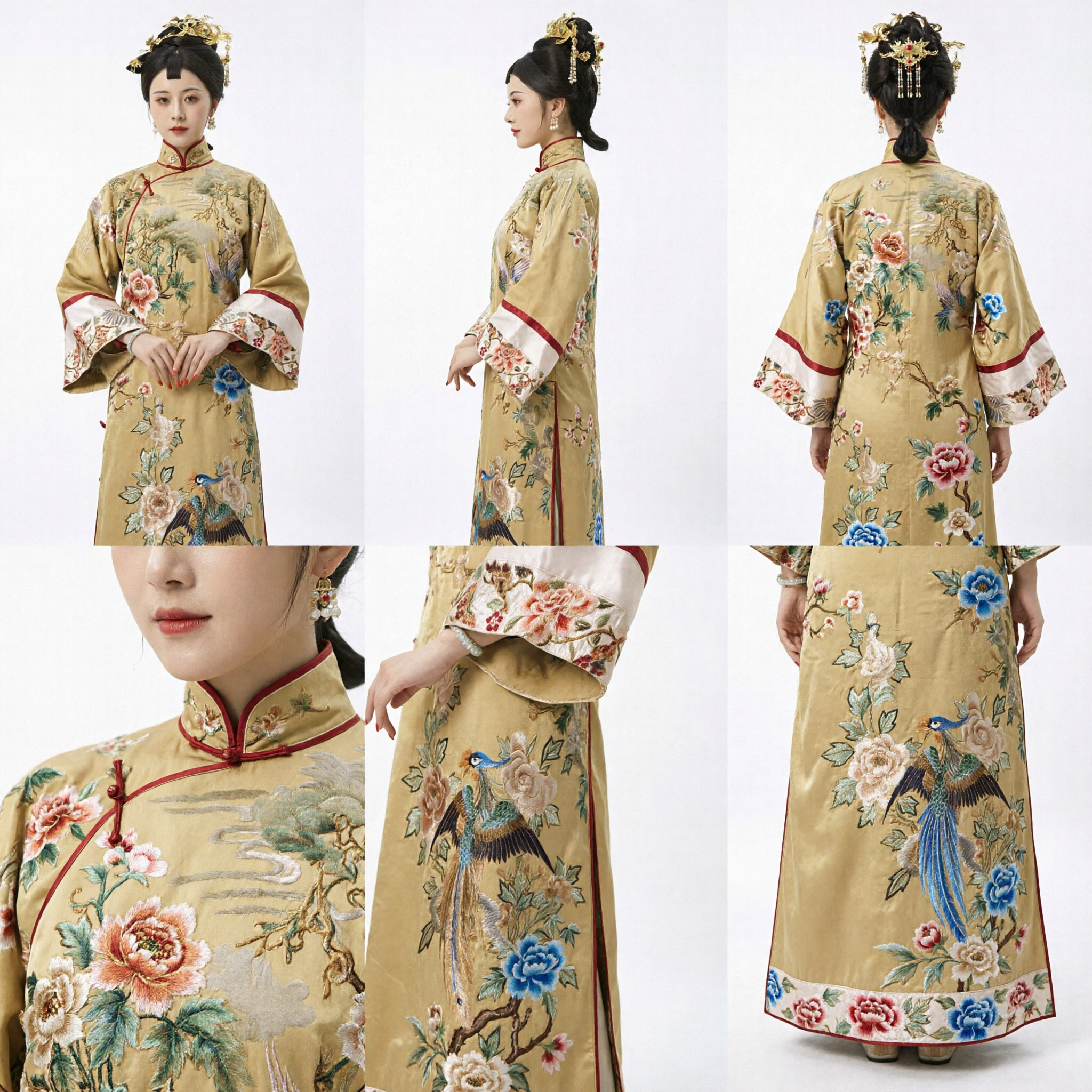 Robe de noble dame de la dynastie Qing traditionnelle chinoise ancienne, brodée de paon jaune, pour femmes - Asian Costume