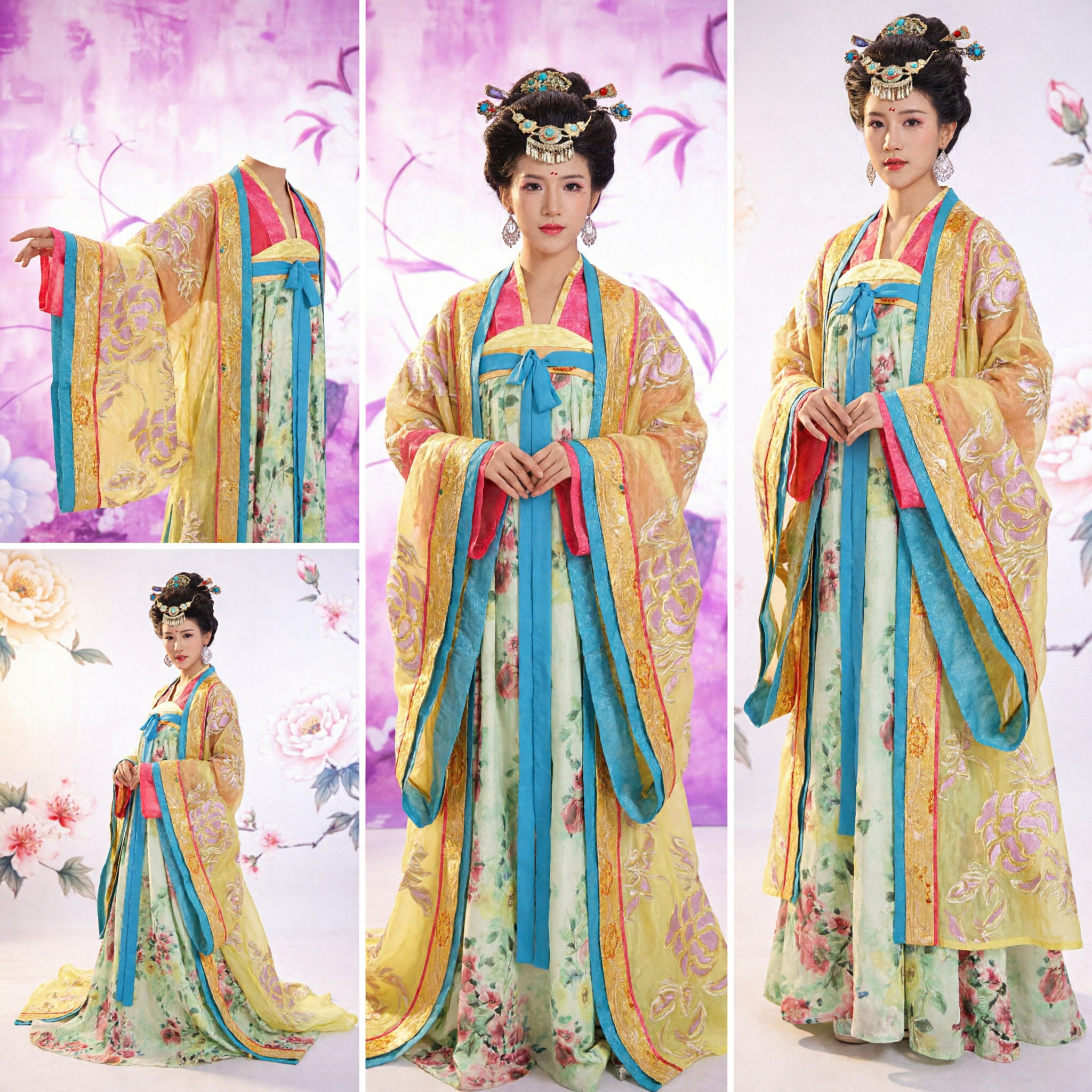 Ancient Chinese Tang Dynasty Hanfu Traditional Costume Women Yellow Floral Palace Dress for Stage Performance - Asian Costume
