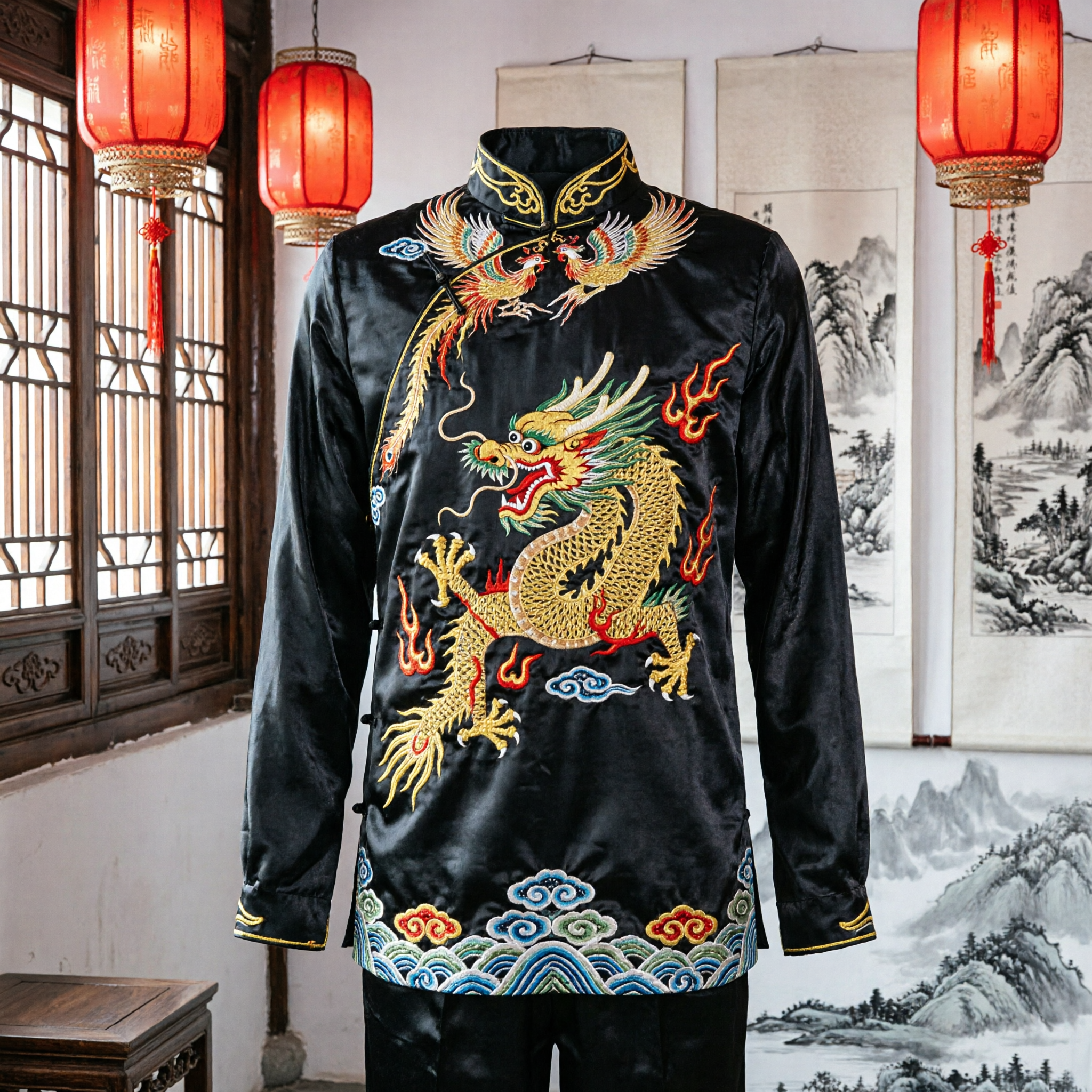 Men's Black Satin Dragon Embroidery Kung Fu Uniform Traditional Chinese Martial Arts Tai Chi Suit - Asian Costume