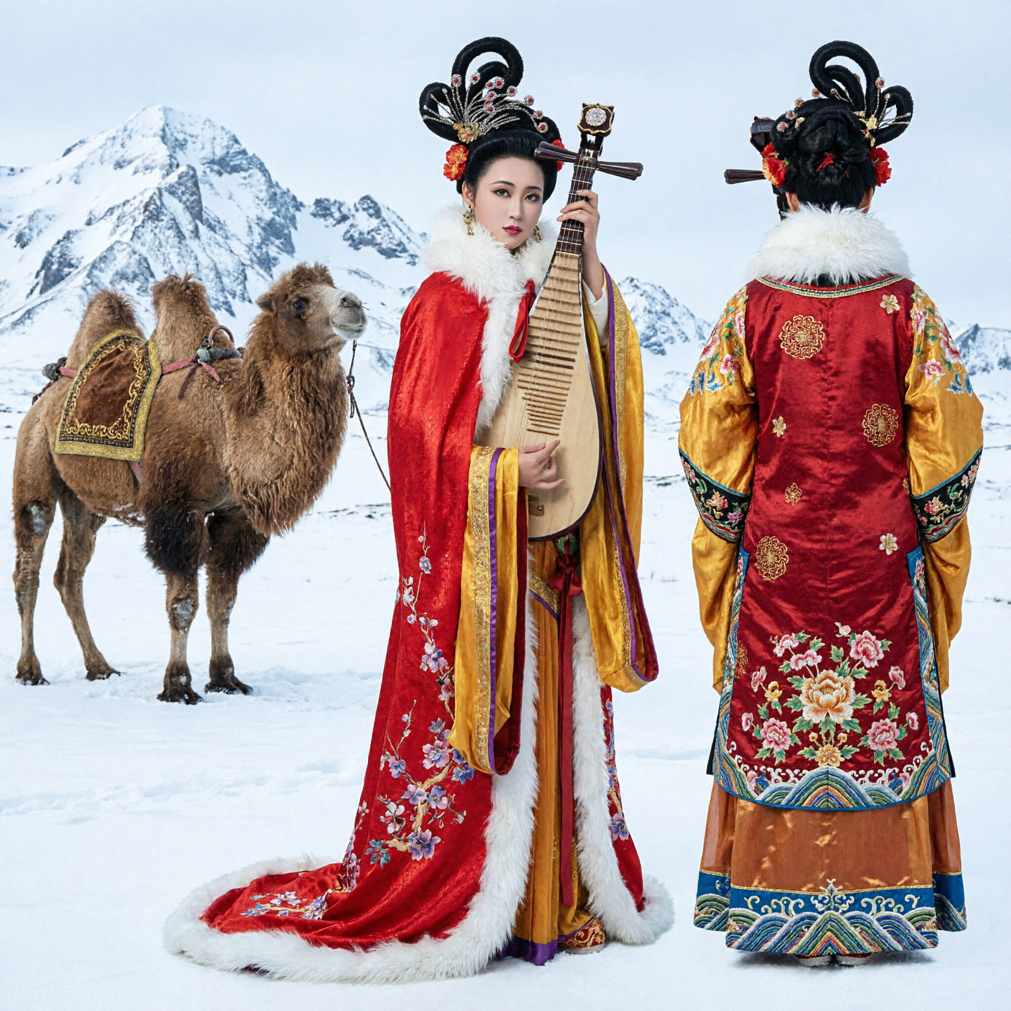 Traditional Chinese Wang Zhaojun Costume Red Fur Cloak Pipa Player Hanfu Dress for Women Stage Performance Cosplay - Asian Costume