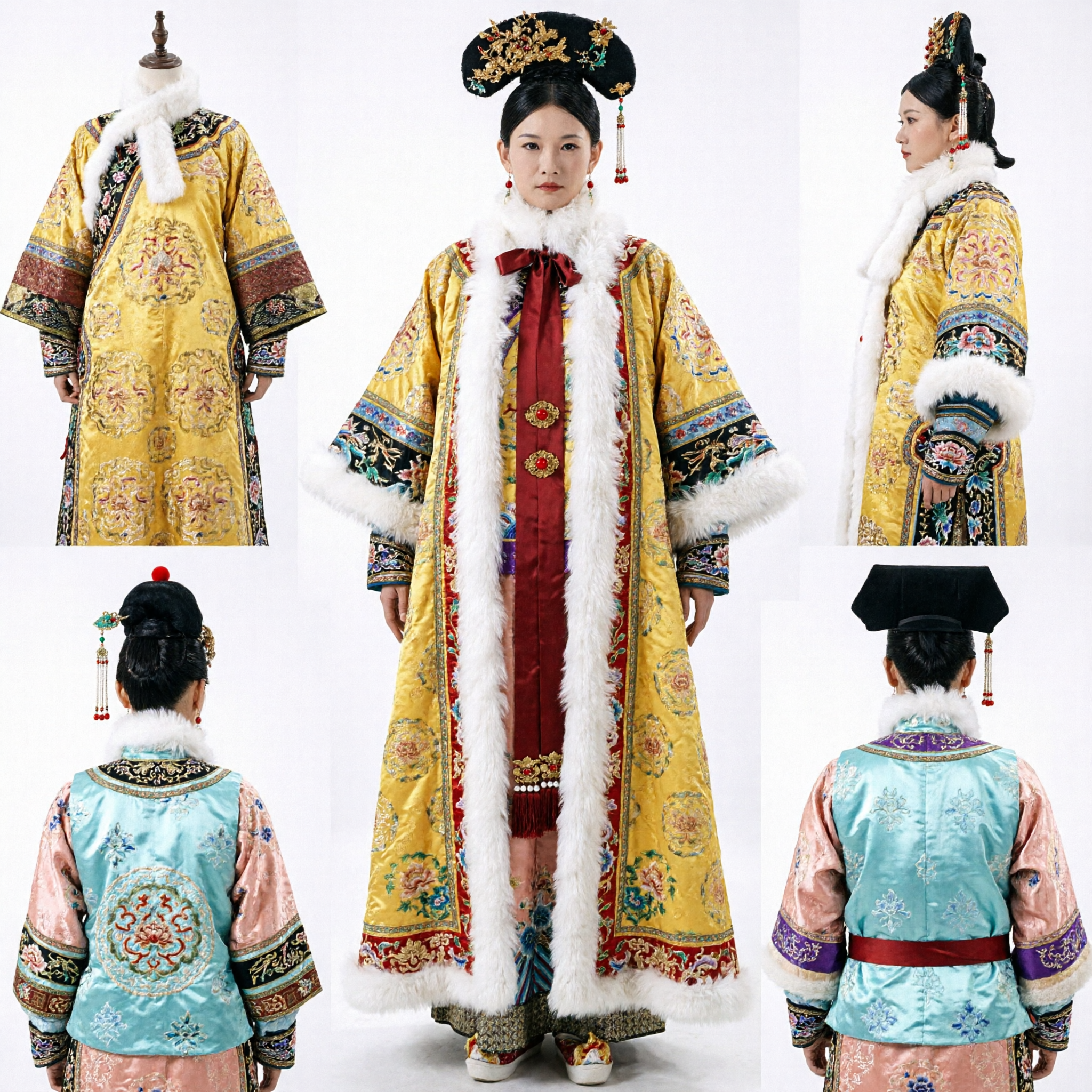 Traditional Chinese Qing Dynasty Empress Costume Yellow Robe with Fur Trim Women's Cosplay Dress for Stage Performance - Asian Costume