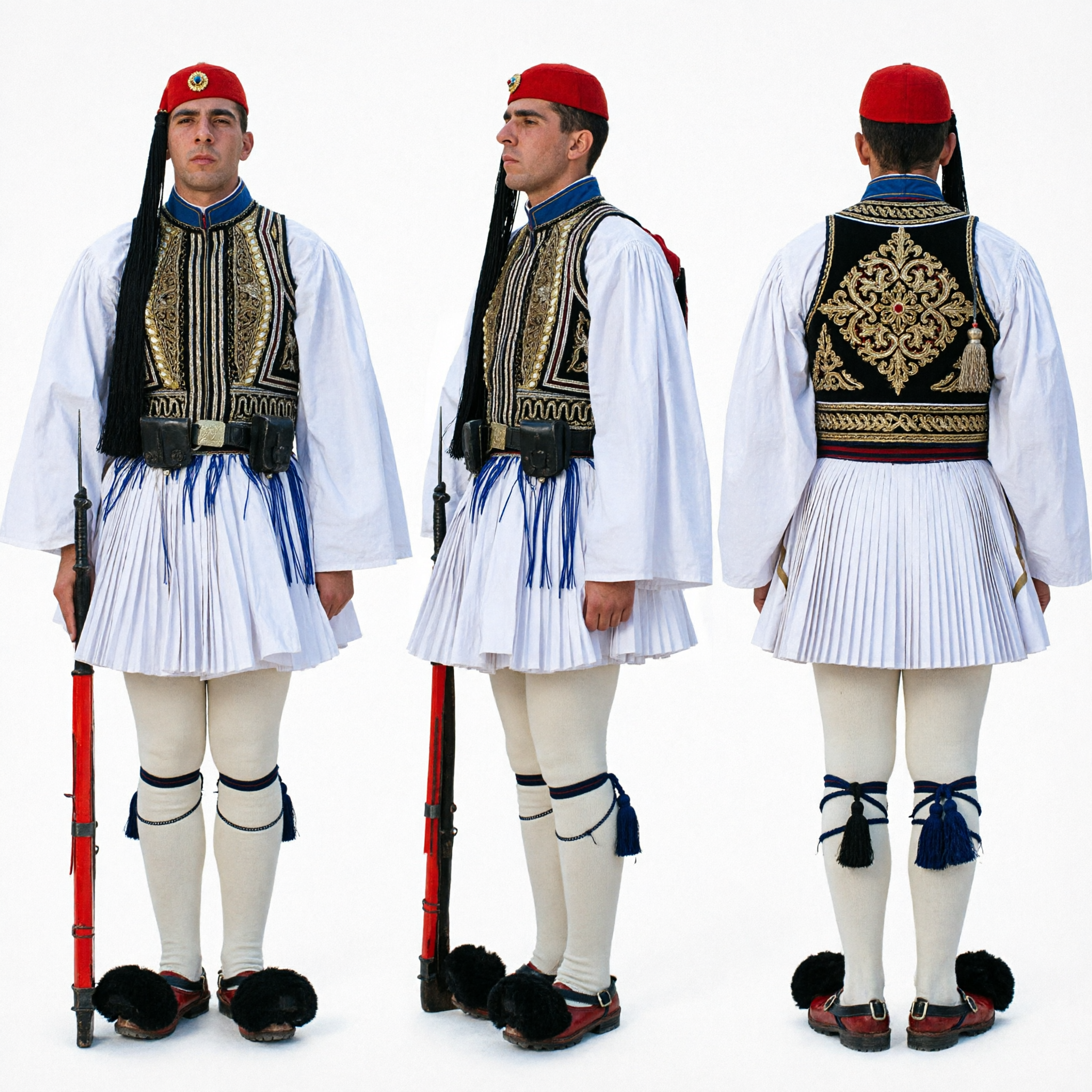Men's Traditional Greek Evzone Guard Costume featuring Fustanella Skirt, Embroidered Vest, and Tsarouchia Shoes - Asian Costume