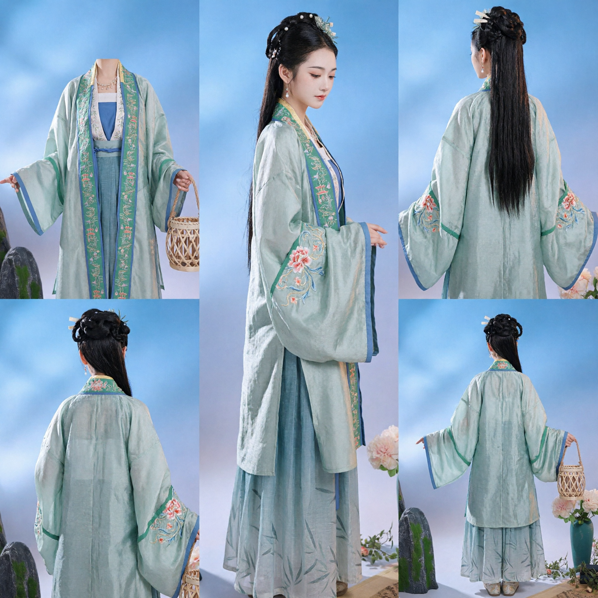 Traditional Chinese Song Dynasty Hanfu Green Embroidered Beizi Robe and Skirt Set Ancient Costume for Women - Asian Costume