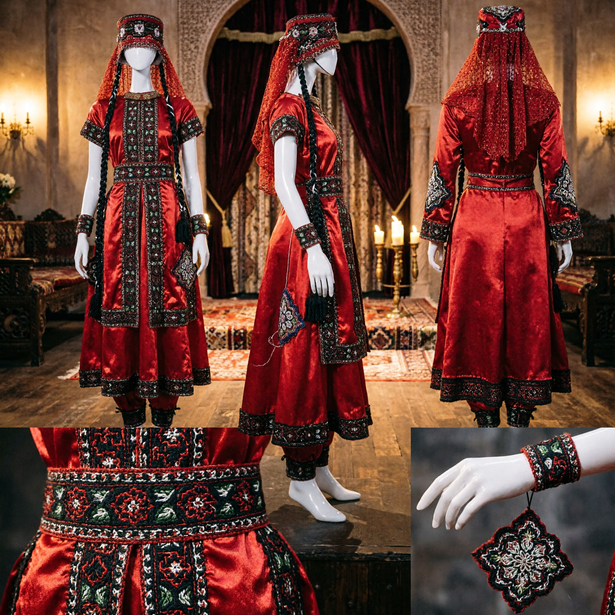 Traditional Uyghur Red Dance Costume Ethnic Folk Dress Complete Set with Headpiece for Women Performance - Asian Costume