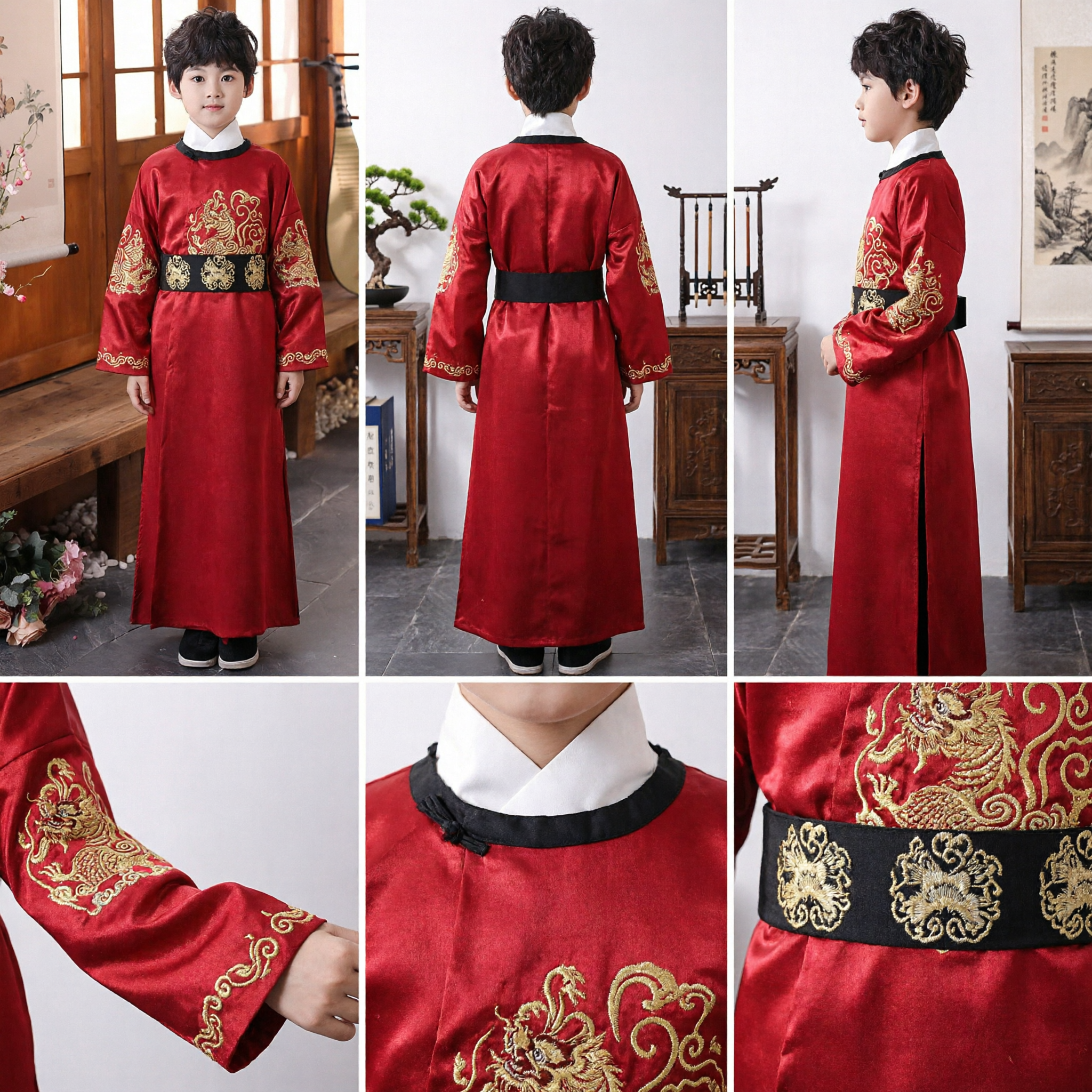 Traditional Chinese Hanfu for Boys Red Dragon Embroidery Robe Ancient Costume Kids Tang Suit for Wedding Performance - Asian Costume