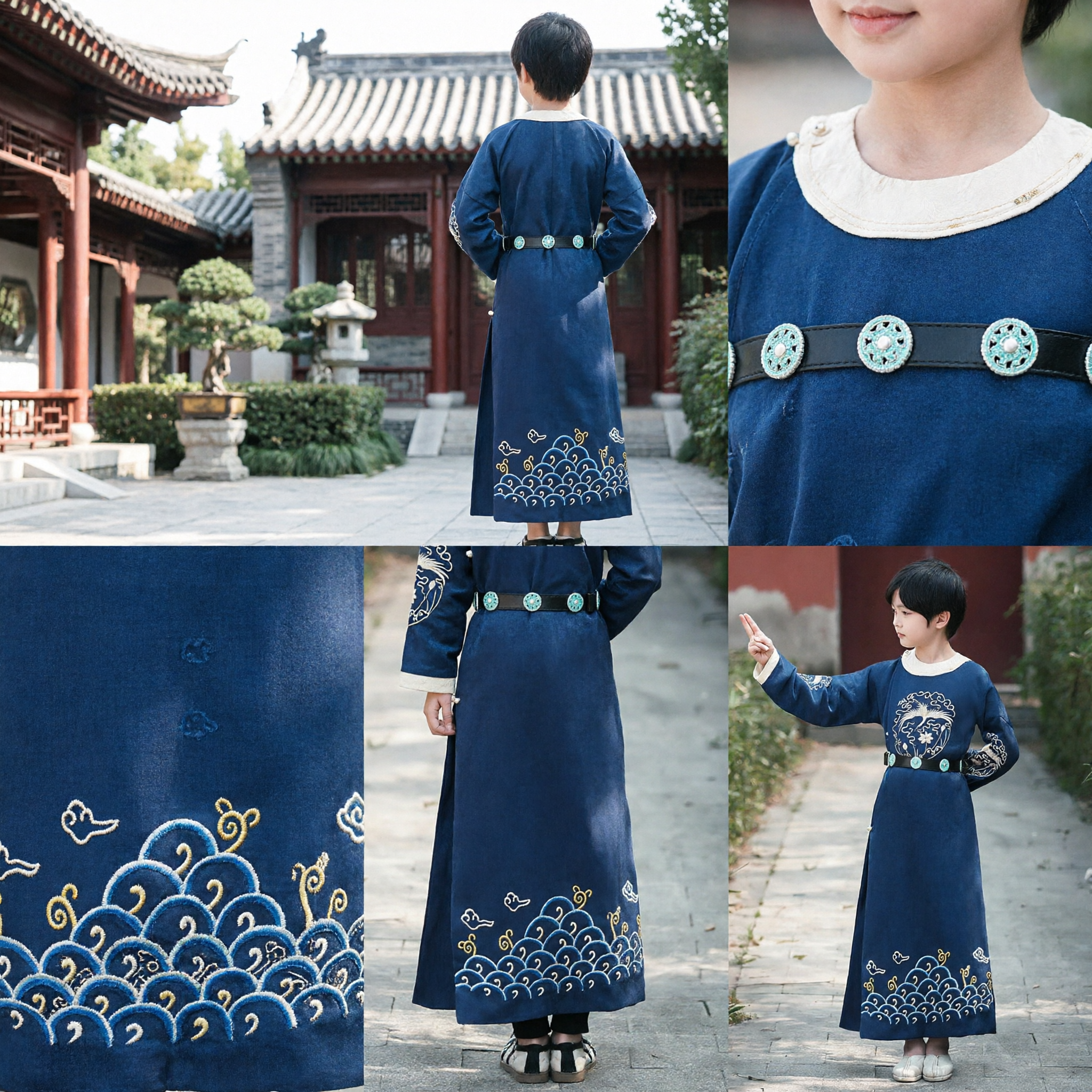 Traditional Chinese Hanfu Costume for Boys Kids Ancient Blue Robe with Crane Embroidery for Stage Performance - Asian Costume