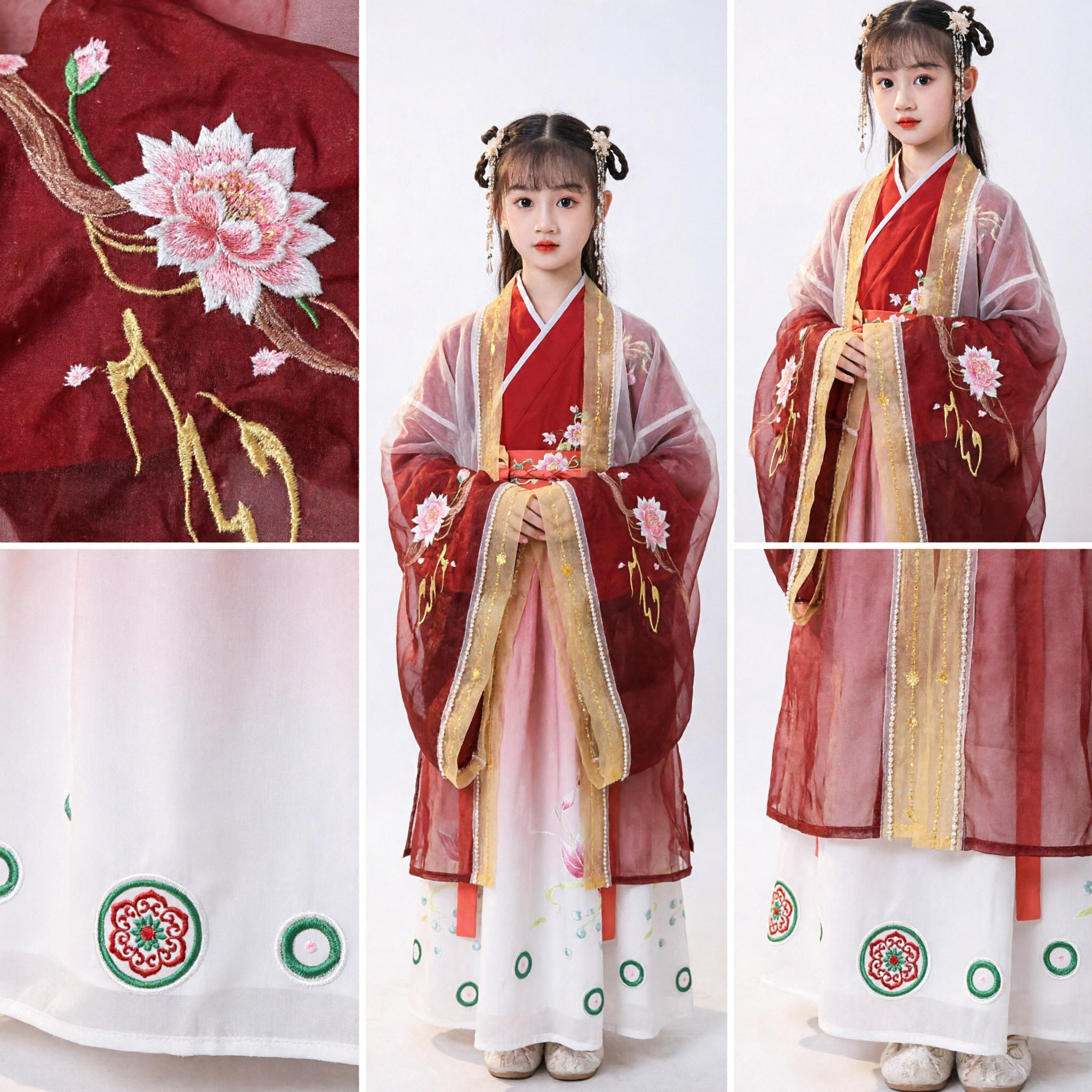 Costume traditionnel chinois Hanfu pour enfants - Robe de princesse fée ancienne rouge brodée, tenue de la dynastie Tang - Asian Costume
