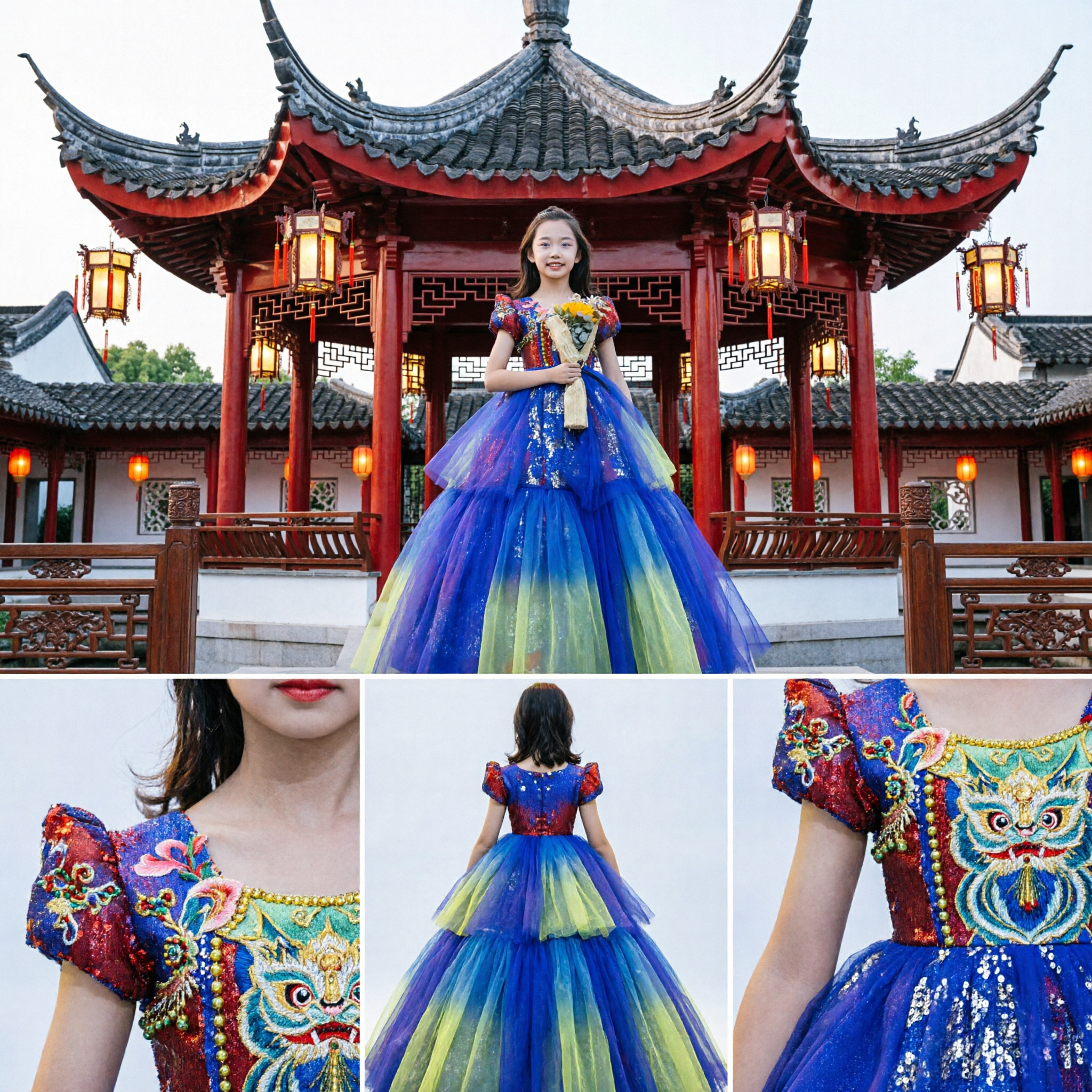 Royal Blue Tulle Princess Ballgown for Girls Pageant Performance Stage Host Dress with Sequins - Asian Costume