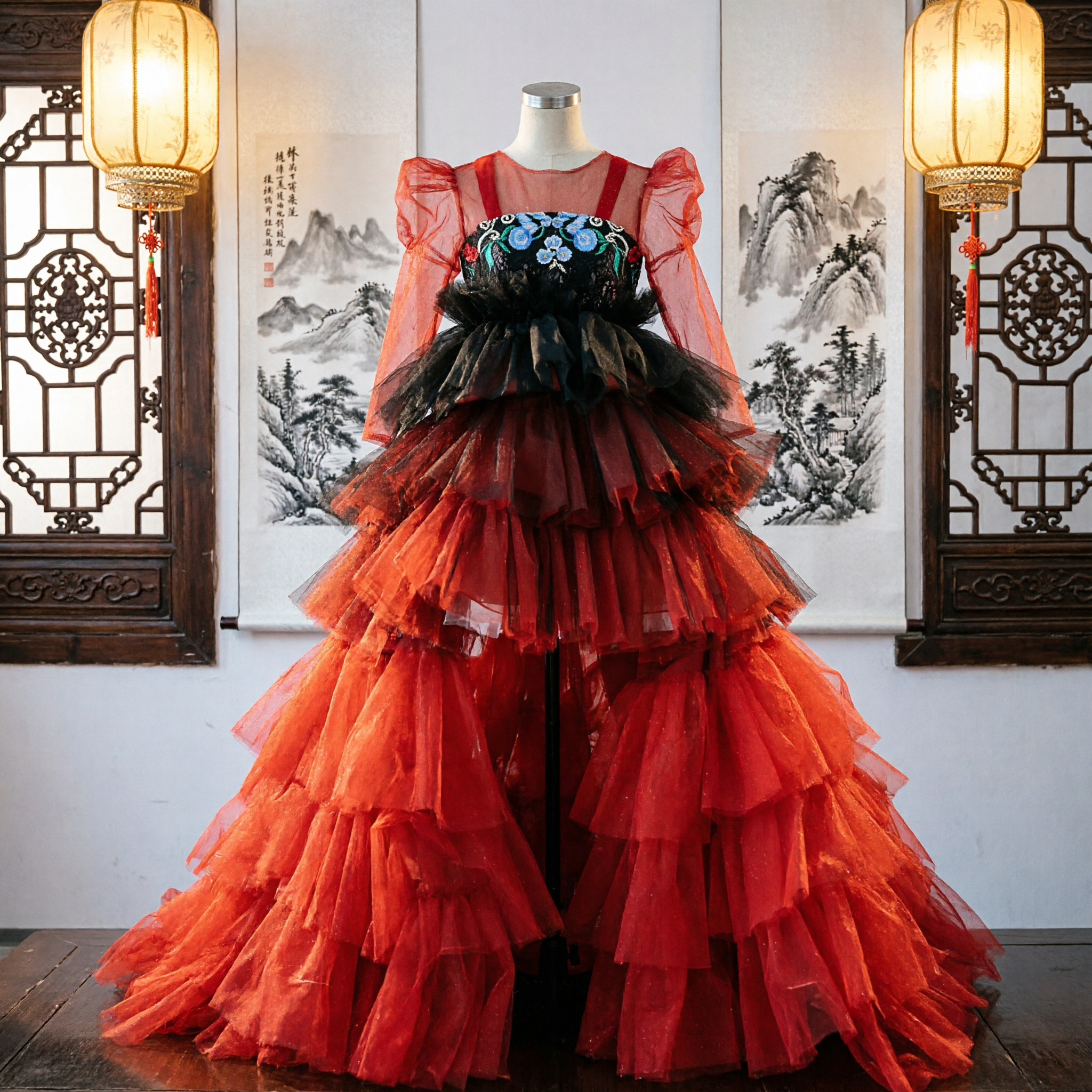 Elegant Red Tiered Tulle Ballgown with Floral Embroidery for Women's Stage Performance and Formal Galas - Asian Costume