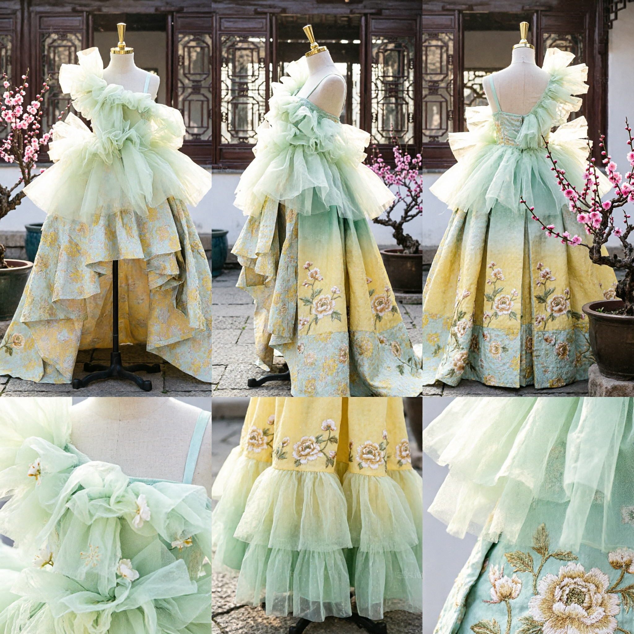 Elegant Pale Green Ruffled Tulle and Yellow Floral Print Long Gown Stage Performance Dance Costume for Women - Asian Costume
