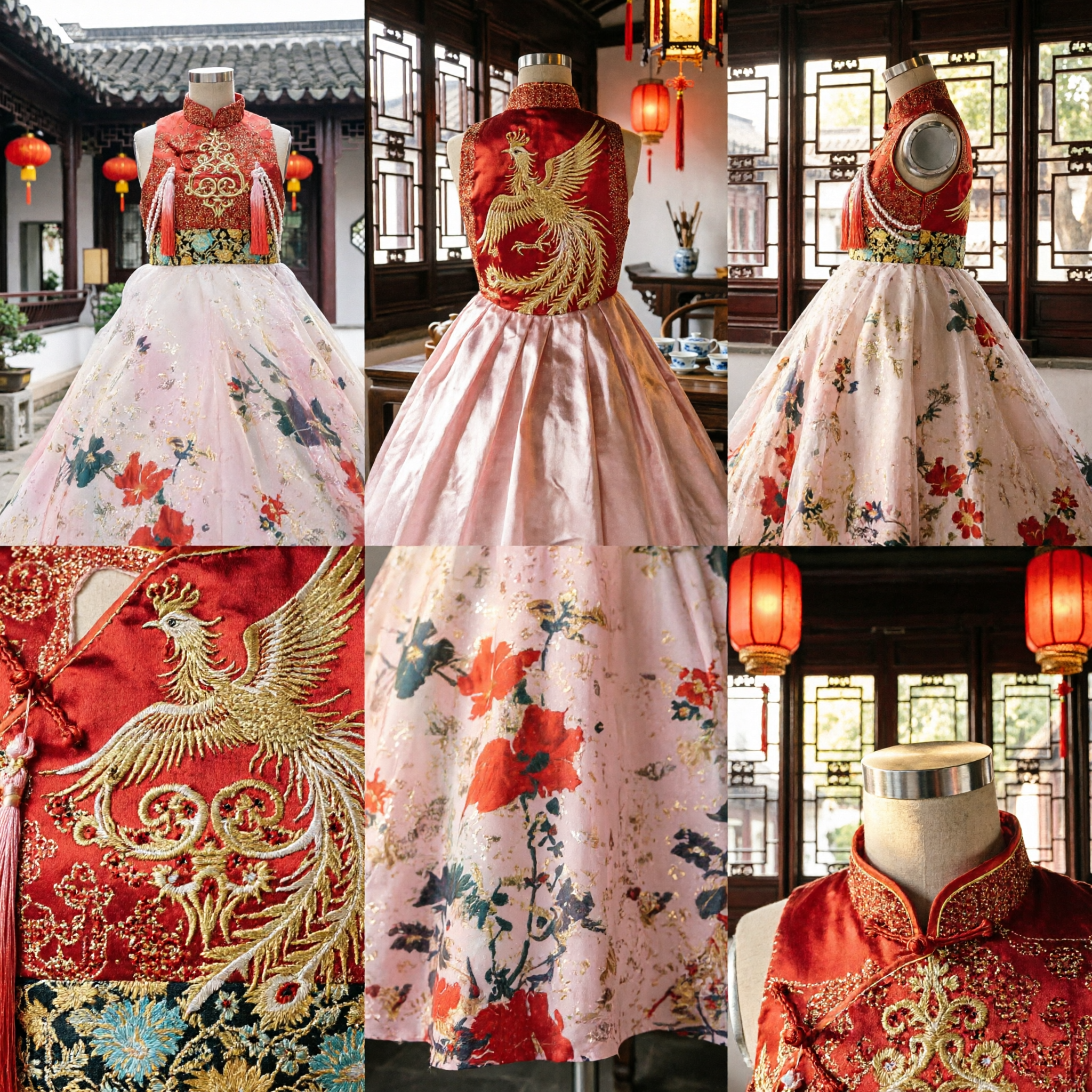 Traditional Chinese Cheongsam Dress for Girls Red Embroidered Bodice Pink Floral Ballgown Wedding Flower Girl Costume - Asian Costume