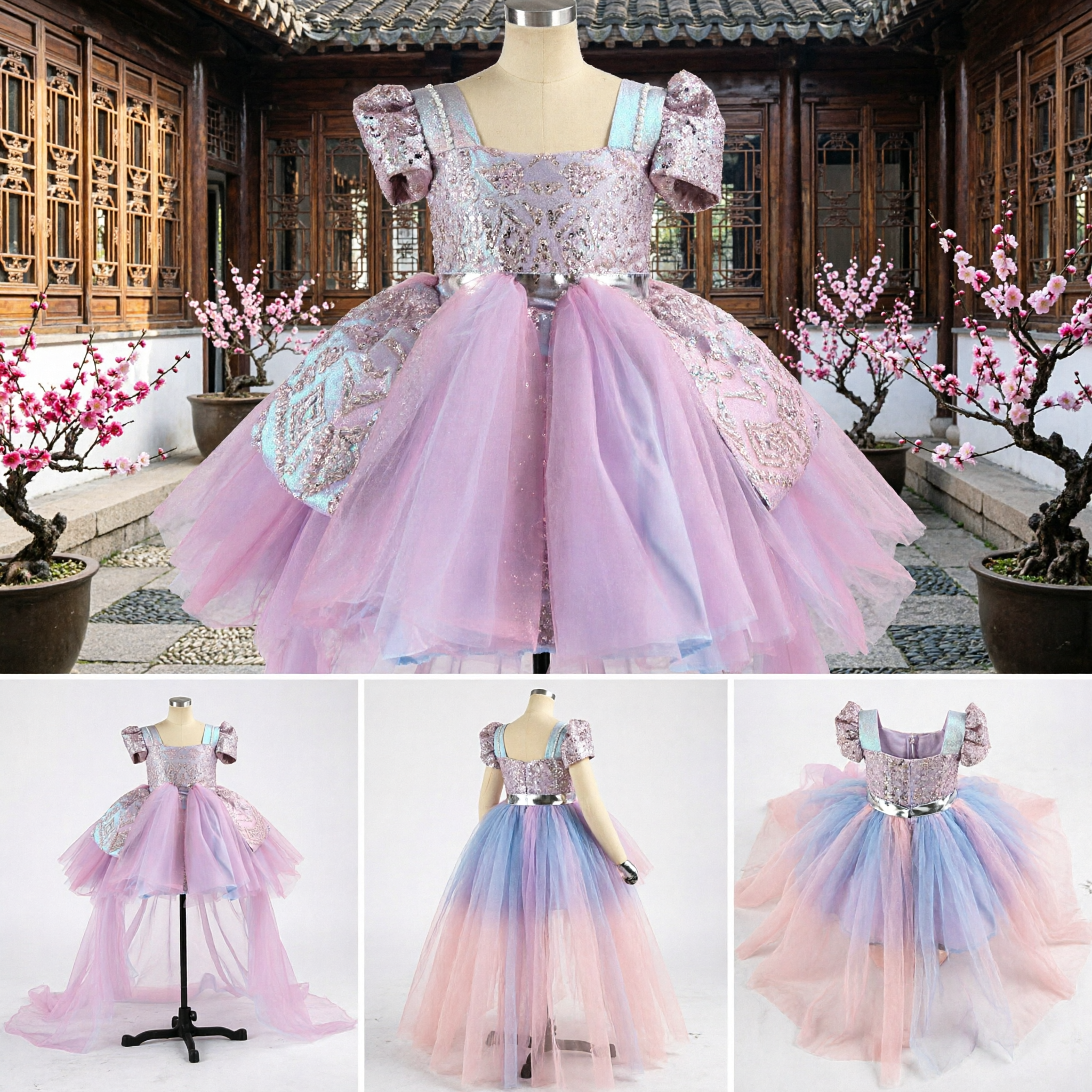 Girls Princess Ball Gown Pink Blue Sequin Tulle Dress for Pageant Prom Party Flower Girl - Asian Costume