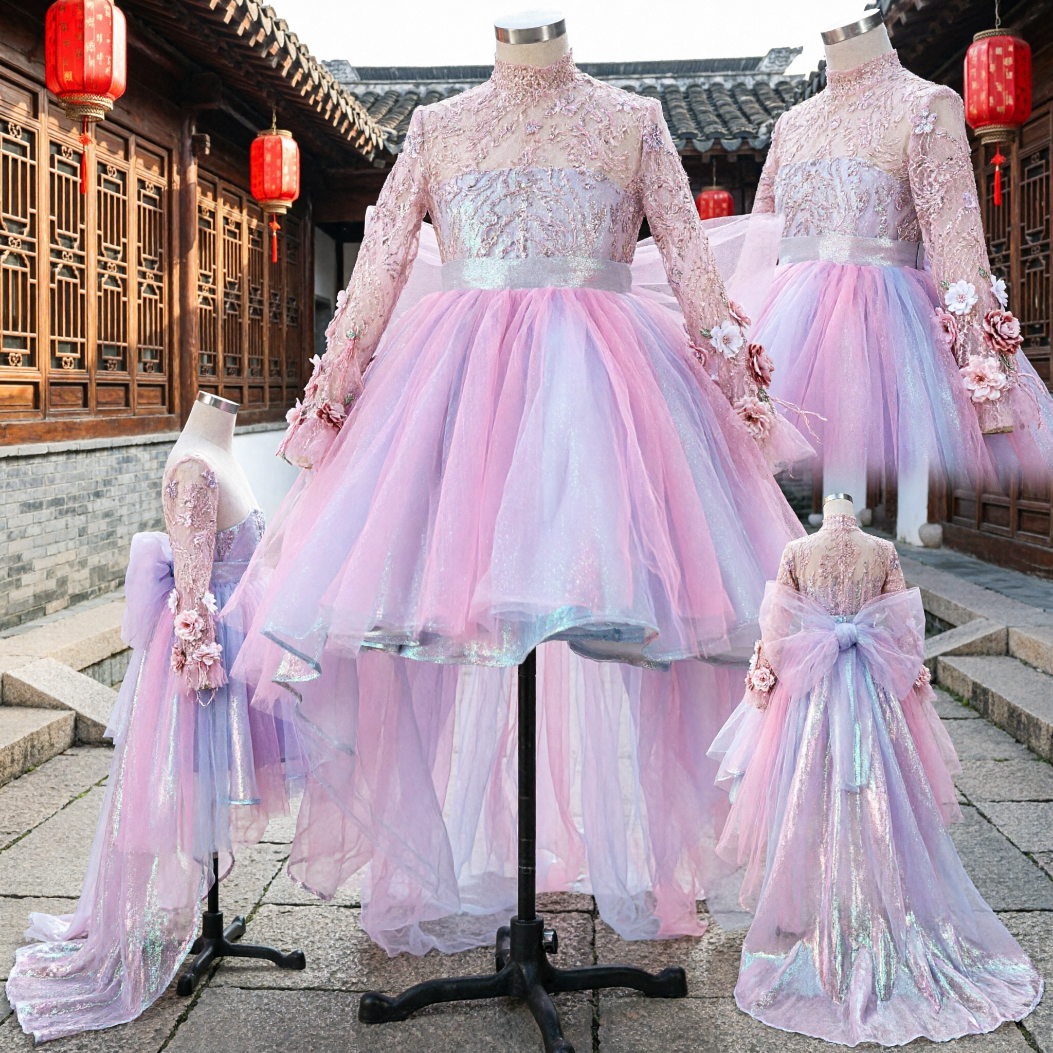 Girls Pink Blue Princess Gown Long Sleeve Lace Sequin Bodice Tulle Skirt Wedding Flower Girl Pageant Dress - Asian Costume