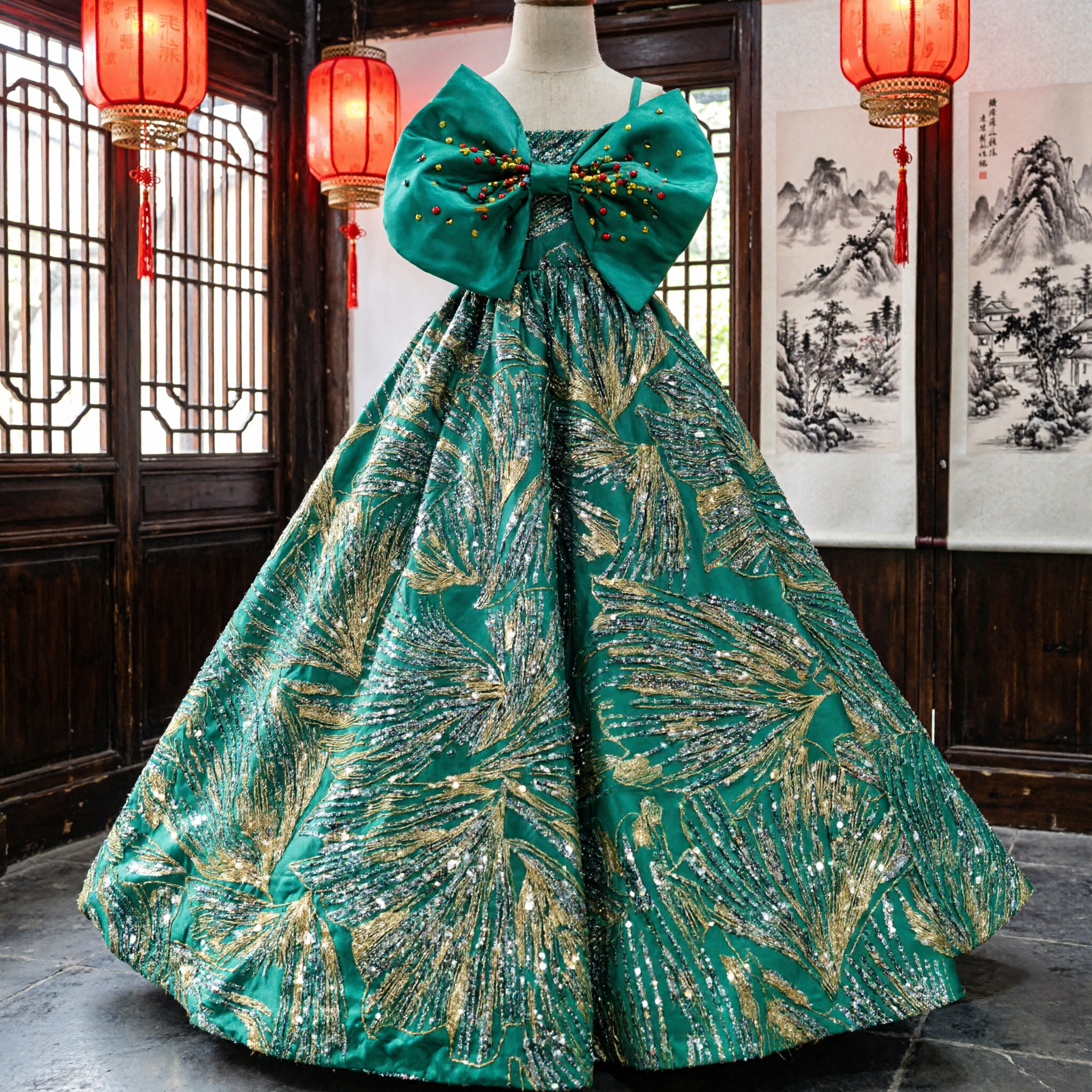 Emerald Green Sequin Leaf Pattern Ballgown with Giant Bow for Kids Pageant Flower Girl Formal Wear - Asian Costume