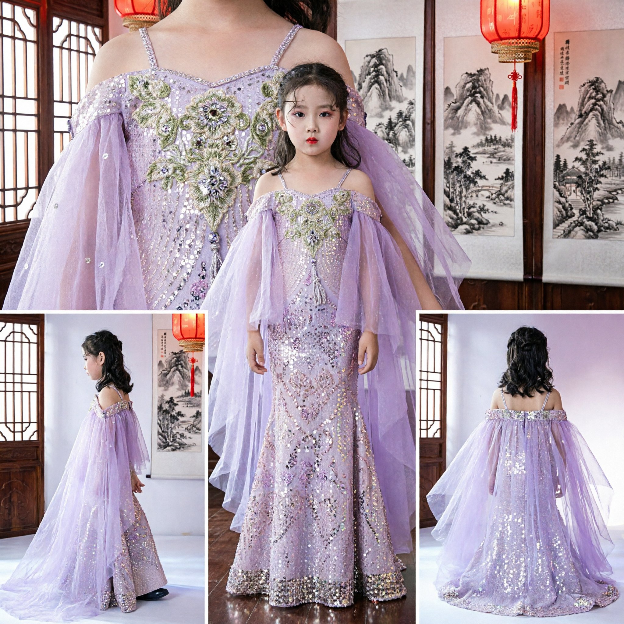 Kids Girls Luxury Sequin Mermaid Evening Gown with Cape for Pageants and Weddings - Asian Costume