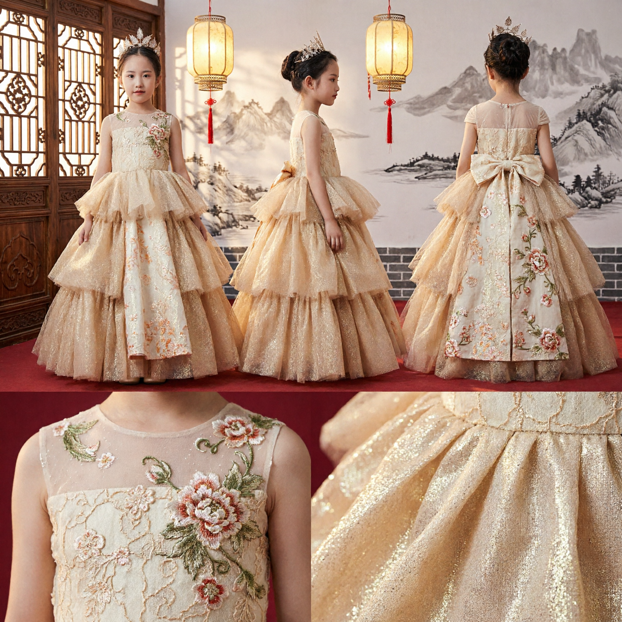 Girls Champagne Gold Tiered Princess Ball Gown for Wedding Pageant Stage Performance Host Dress - Asian Costume