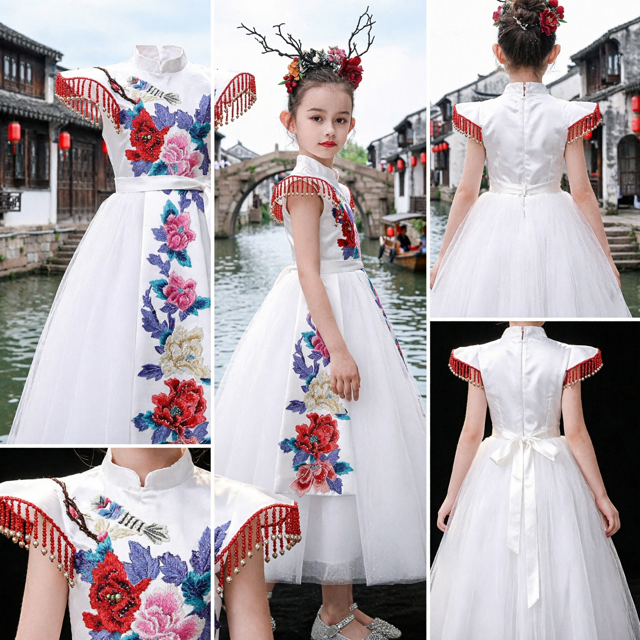 Traditional Chinese White Cheongsam Dress for Girls Floral Embroidery Tulle Skirt Stage Performance Host Outfit - Asian Costume