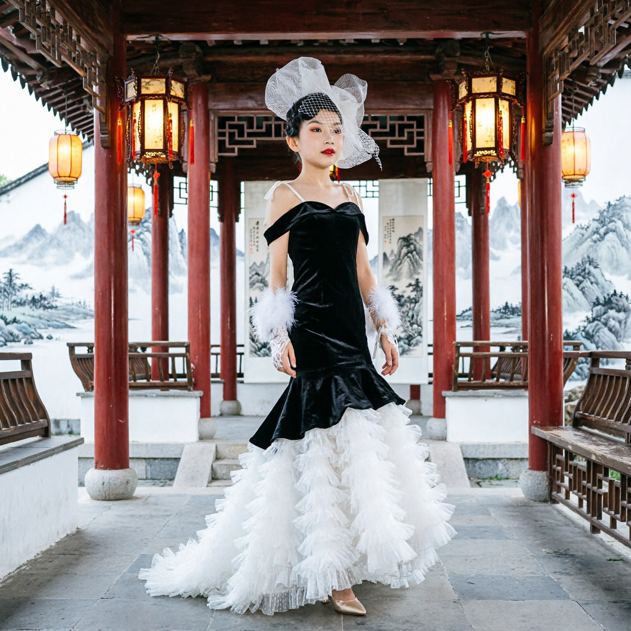 Elegant Girls Black Velvet Mermaid Gown with White Ruffles and Feather Cuffs for Formal Stage Performance - Asian Costume