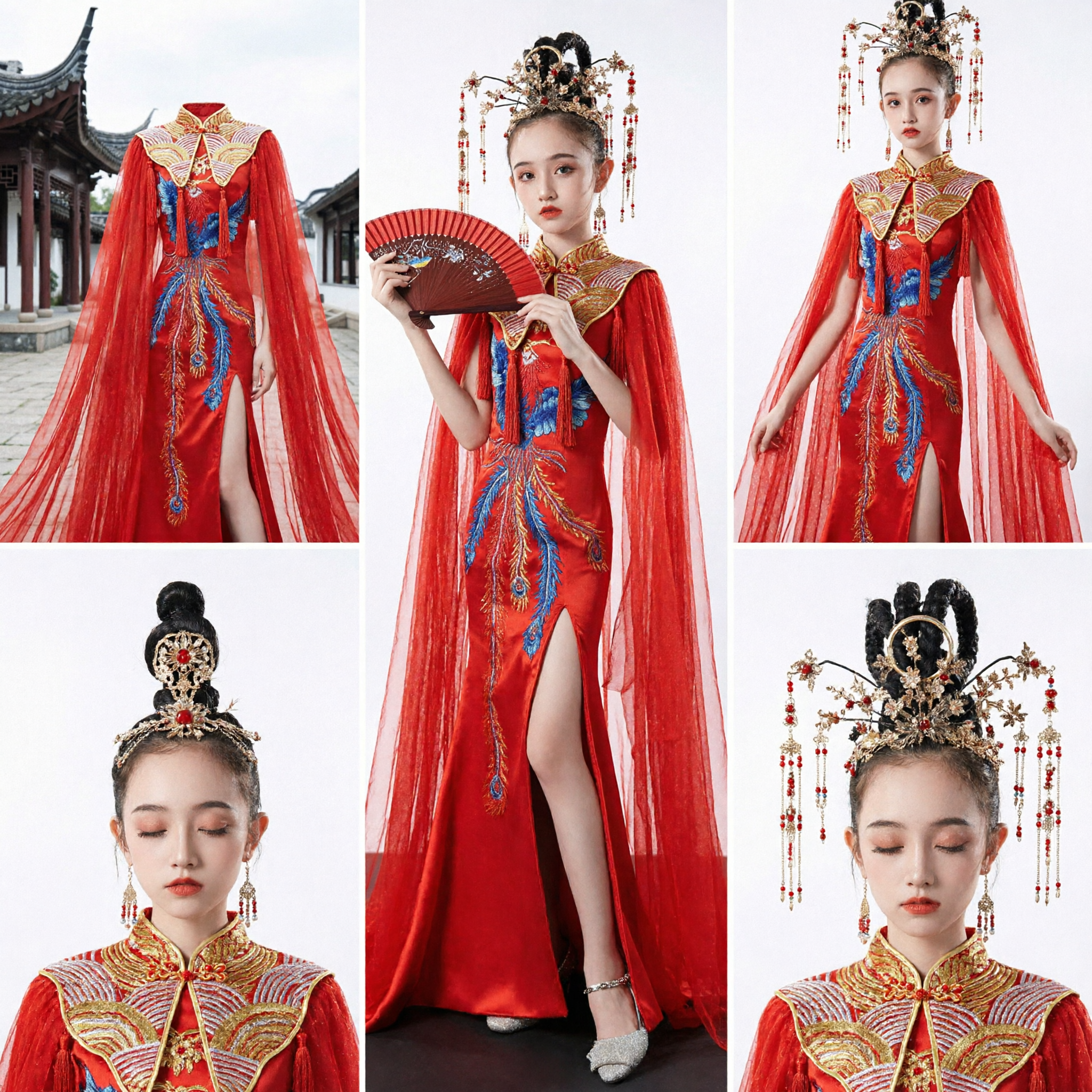 Traditional Chinese Red Phoenix Embroidery Qipao Dress for Girls with Long Sheer Cape and Headdress - Asian Costume