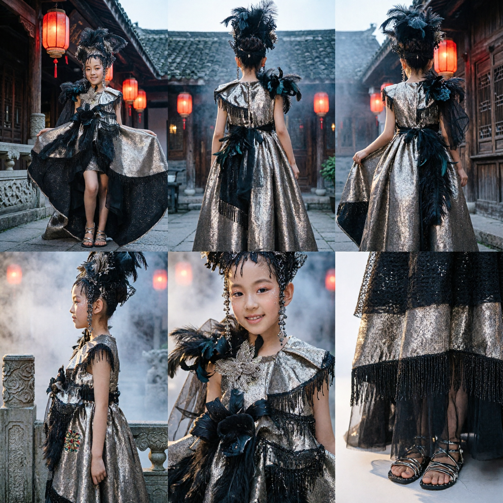 Children's Black Silver Feathered Showgirl Costume Dress with Matching Headpiece for Stage Dance Performance - Asian Costume