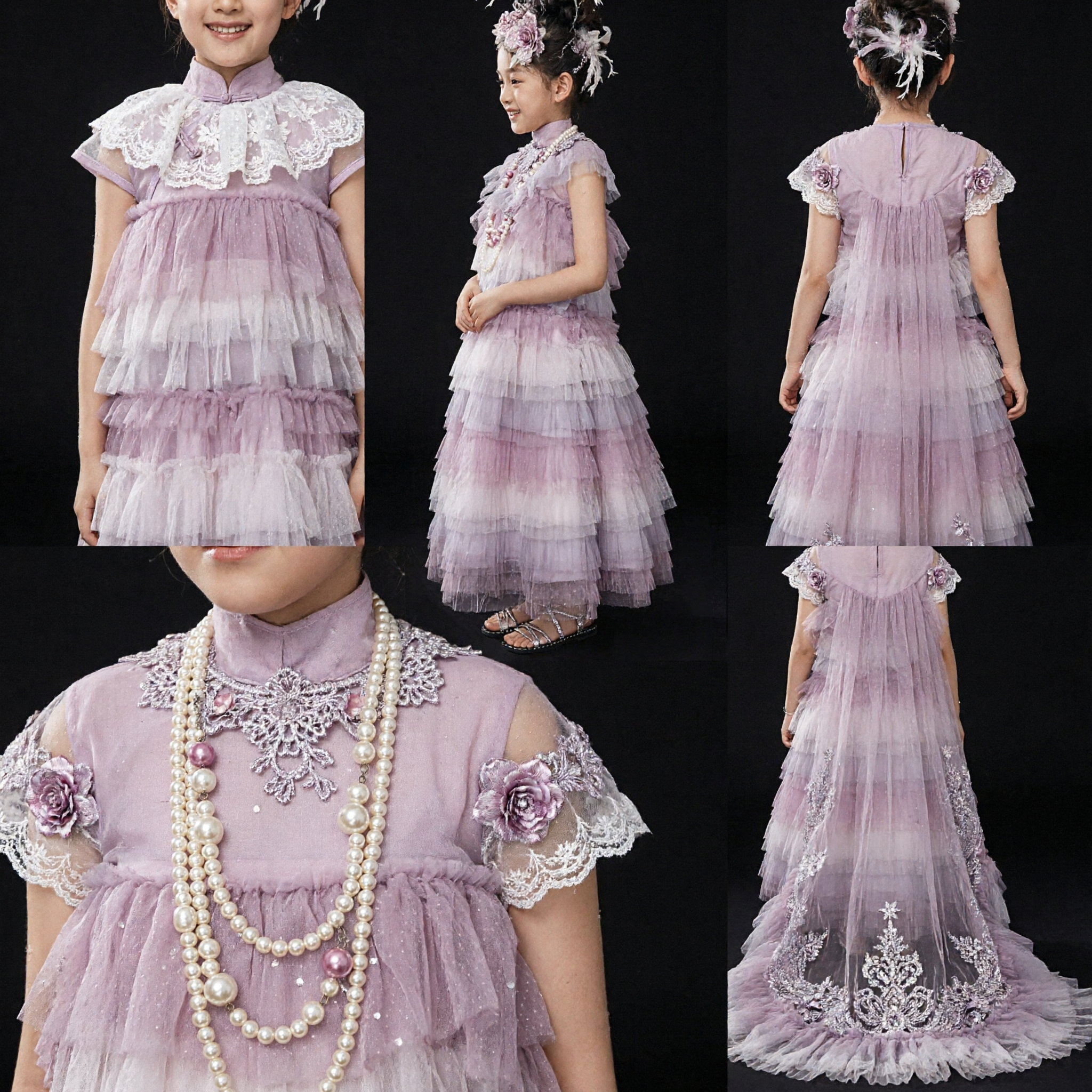 Kids Girls Purple Tulle Stage Performance Dress with Feather Headpiece for Choir Dance Recital - Asian Costume