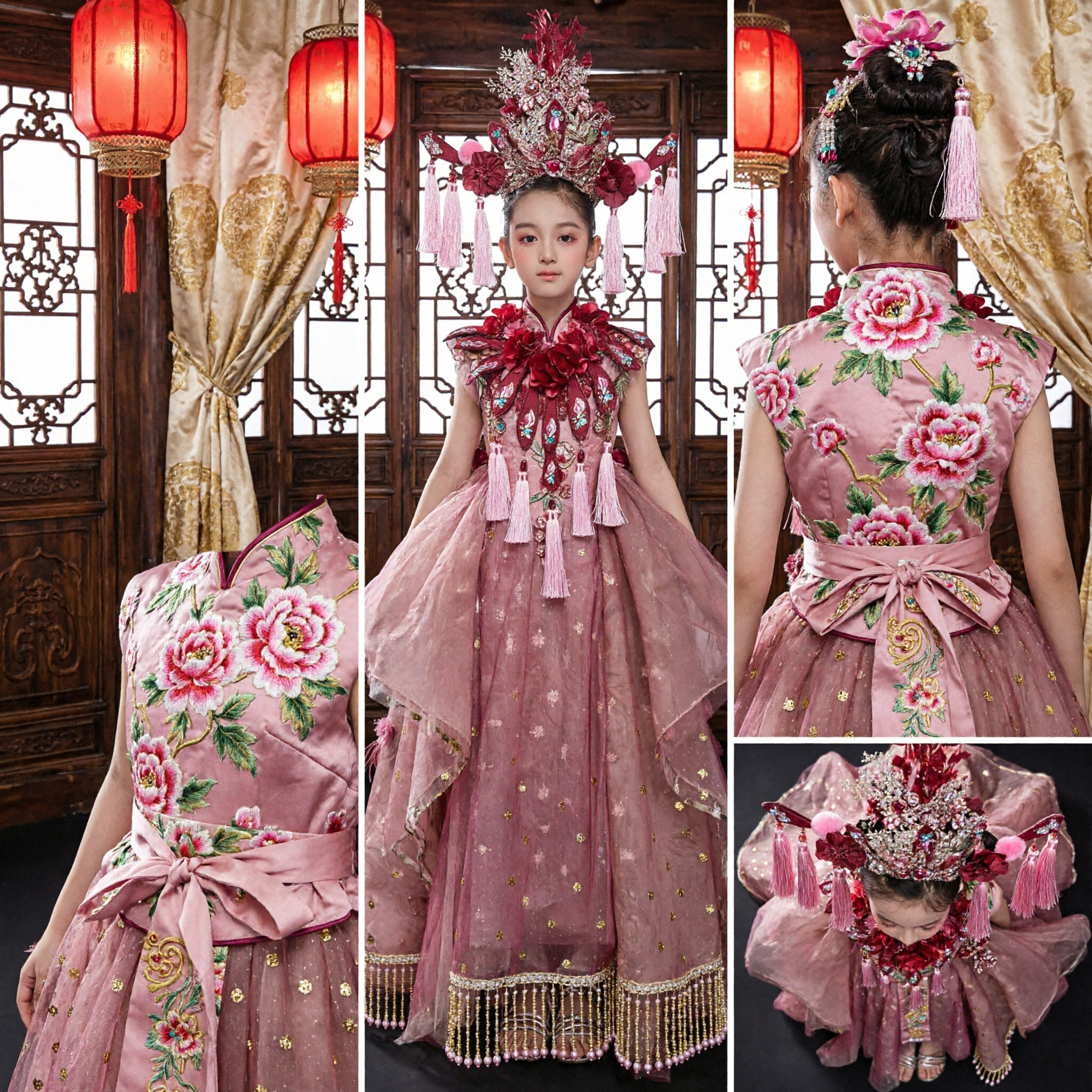 Kids Traditional Chinese Dance Costume Pink Ancient Princess Dress with Headdress for Girls Stage Performance - Asian Costume