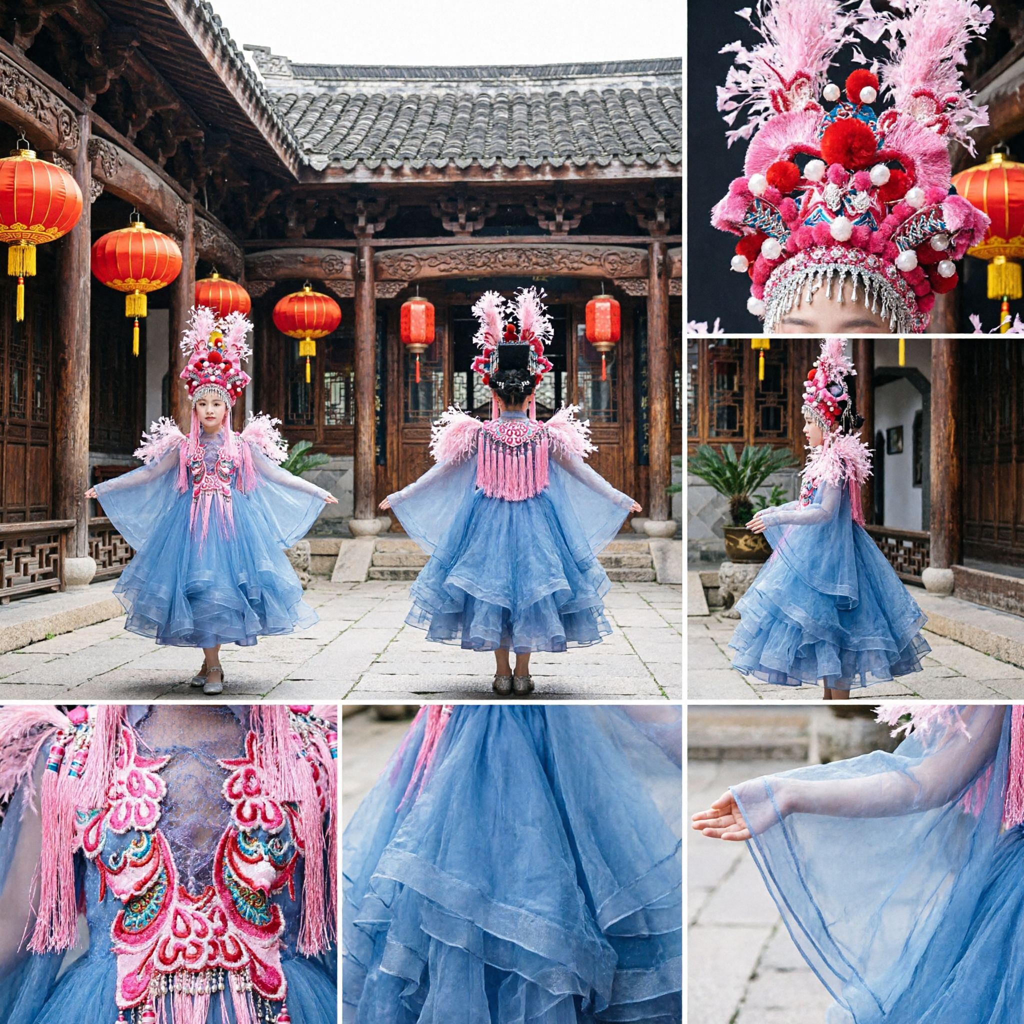 Traditional Chinese Peking Opera Costume for Kids Girls Blue Stage Performance Dress with Elaborate Headdress - Asian Costume