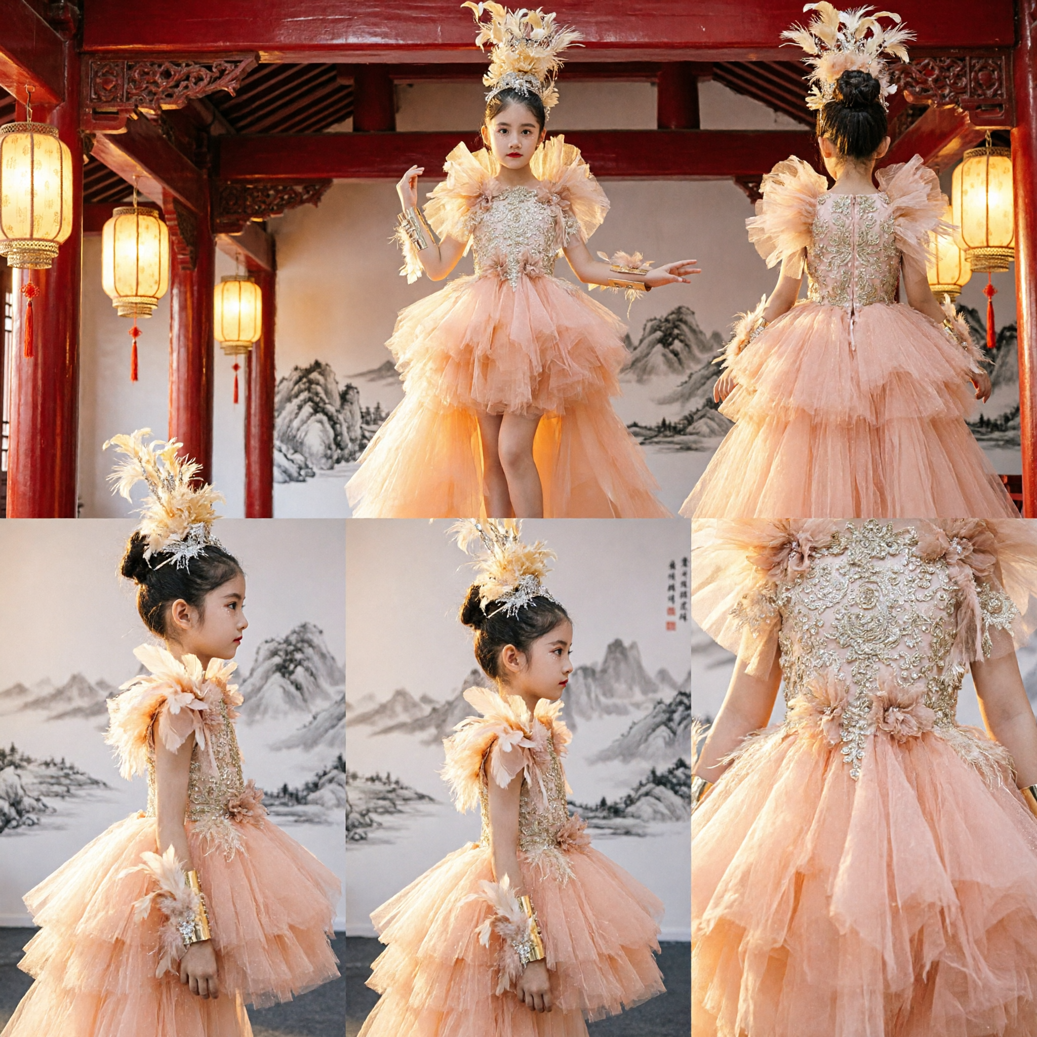 Girls Peach Champagne Tulle Princess Gown with Feather Headpiece for Stage Performance and Formal Parties - Asian Costume