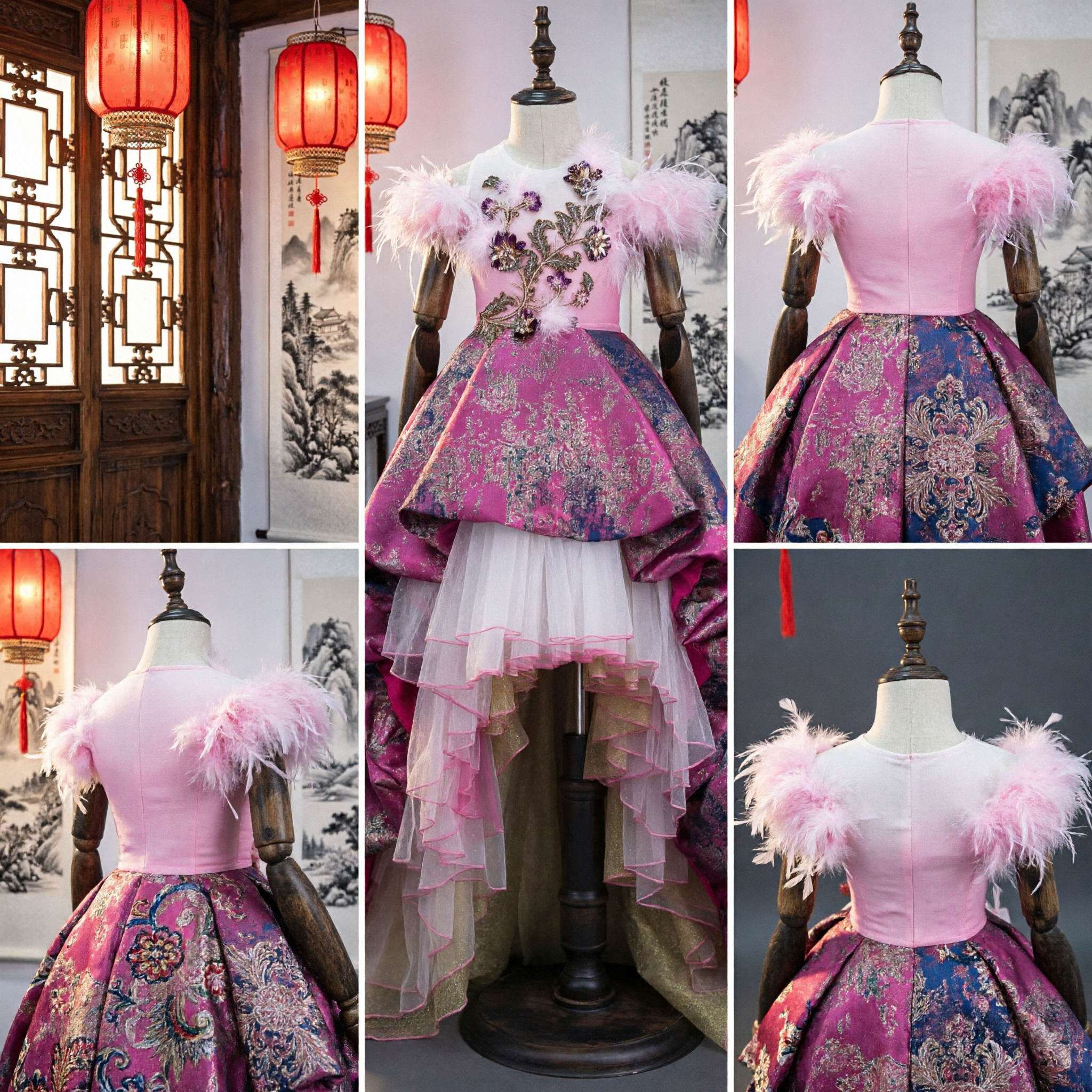 Exquisite Pink Feather Trimmed Floral Embroidered High-Low Gown for Girls Stage Performance Costume - Asian Costume